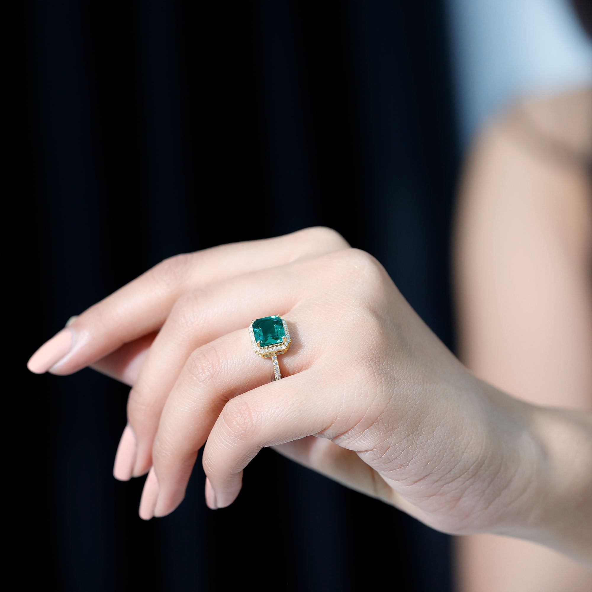 AAAA Quality Lab Created Emerald Asscher Cut Engagement Ring with Diamond