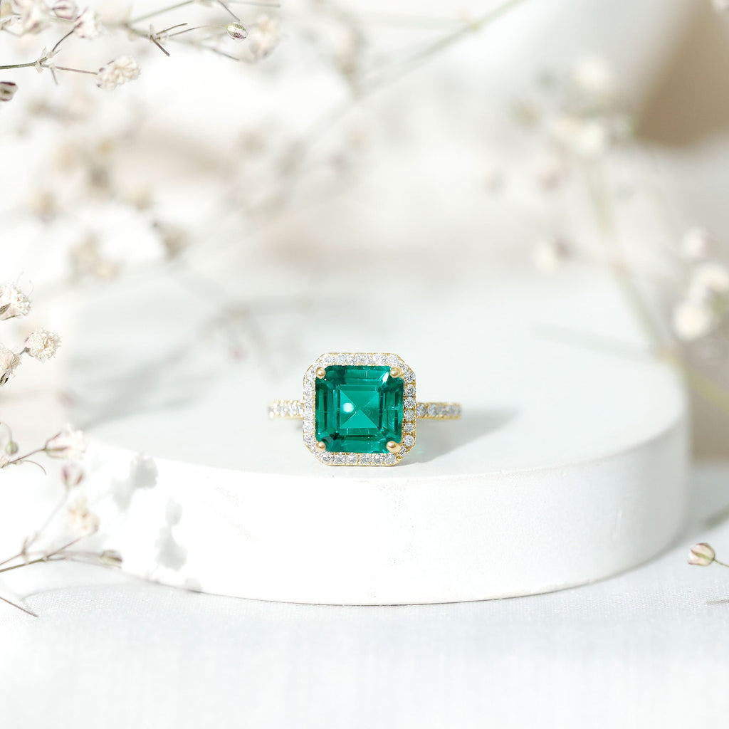 AAAA Quality Lab Created Emerald Asscher Cut Engagement Ring with Diamond