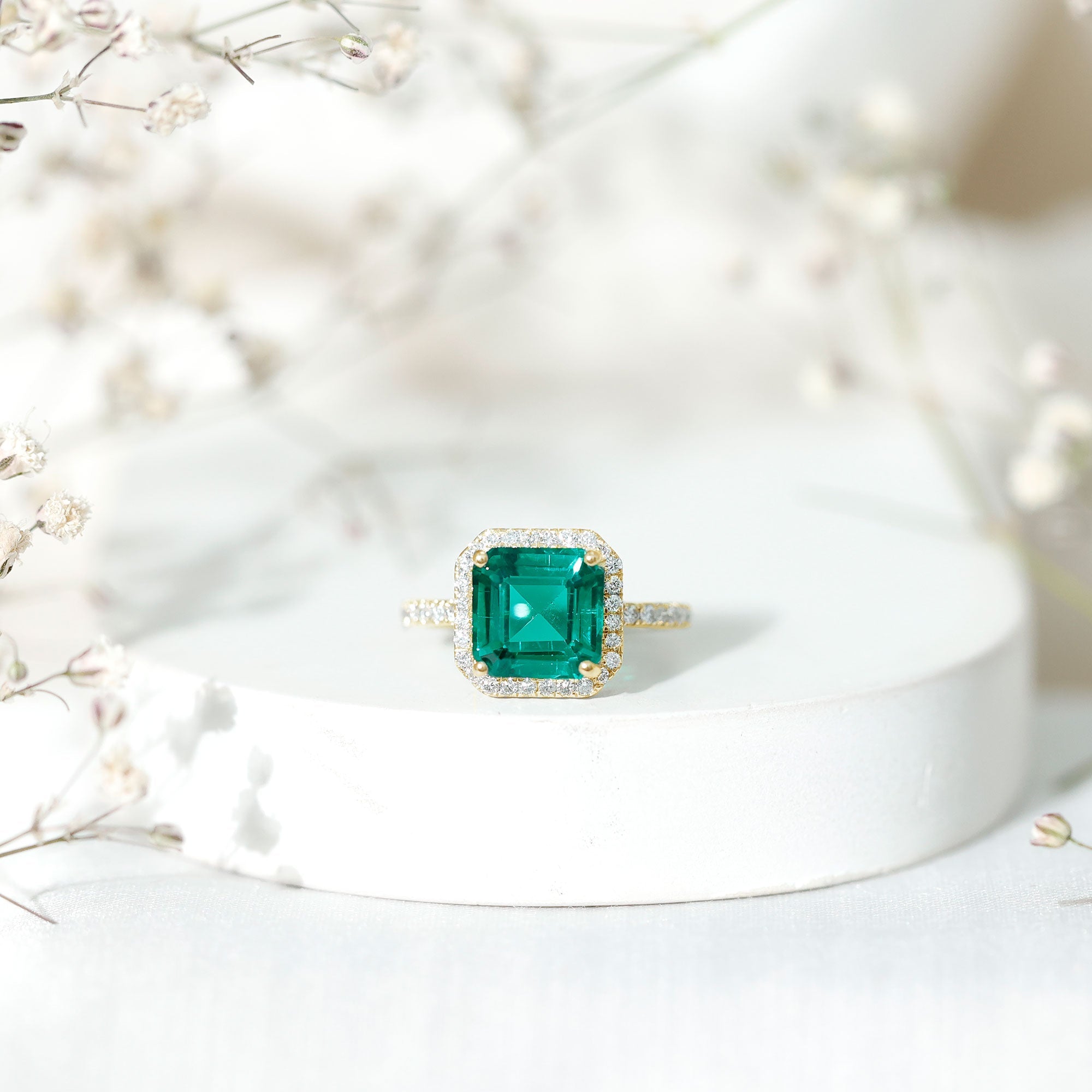 AAAA Quality Lab Created Emerald Asscher Cut Engagement Ring with Diamond