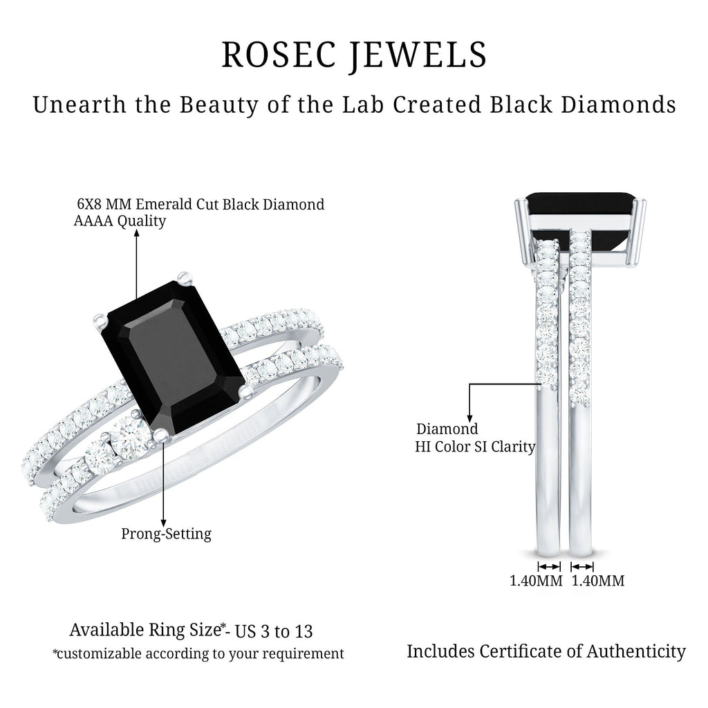 Emerald Cut Created Black Diamond Ring Set with Diamond