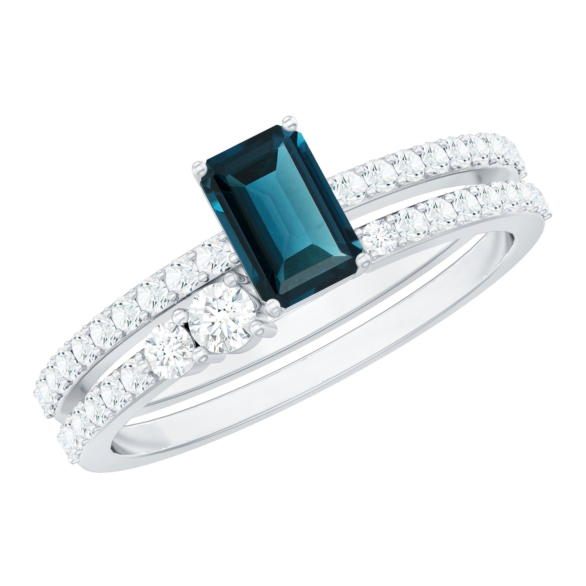 0.7 Carat Emerald Cut London Blue Topaz Wedding Ring Set with Diamond