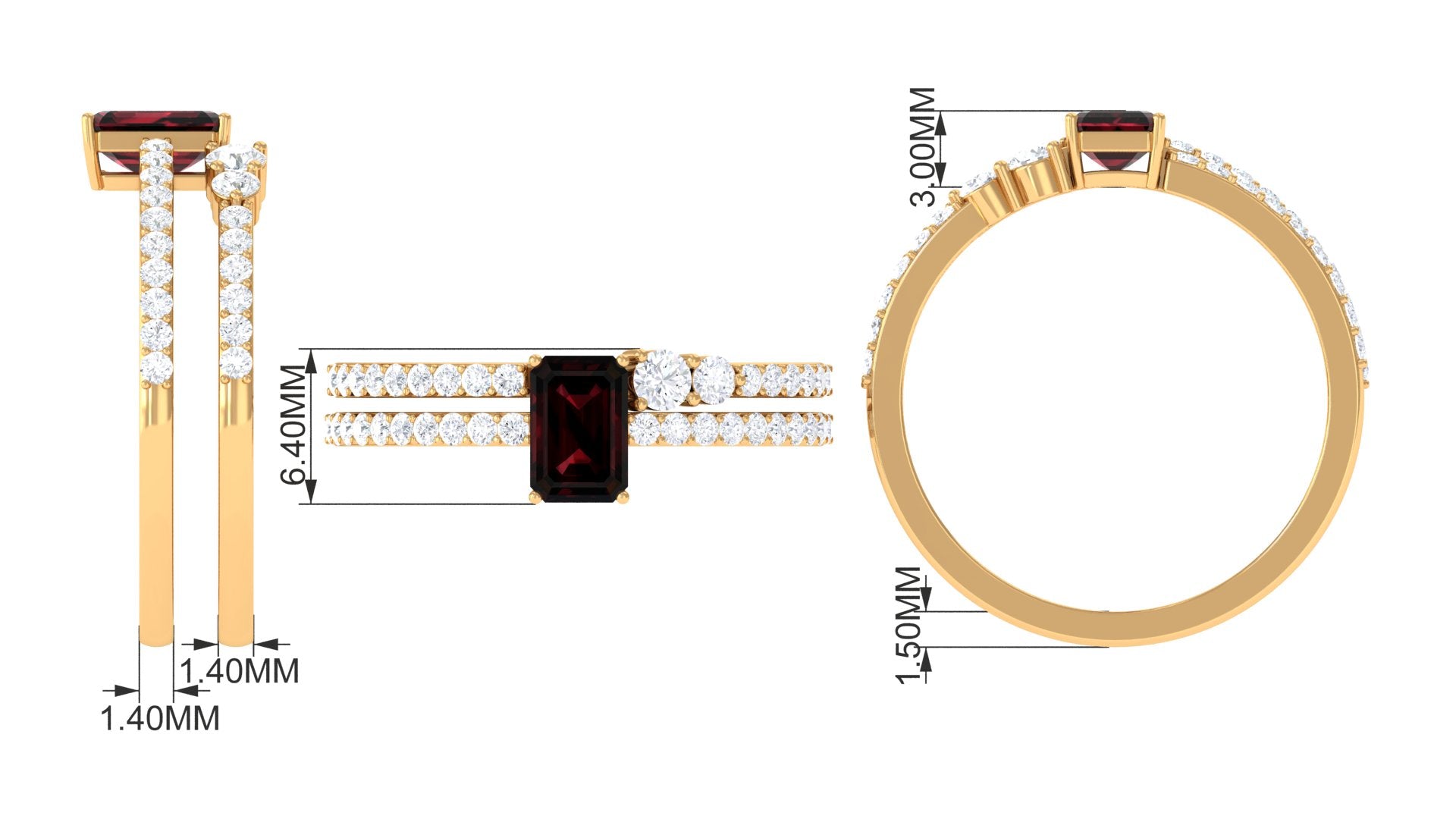 Real Garnet Diamond Emerald Cut Engagement Ring with Enhancer