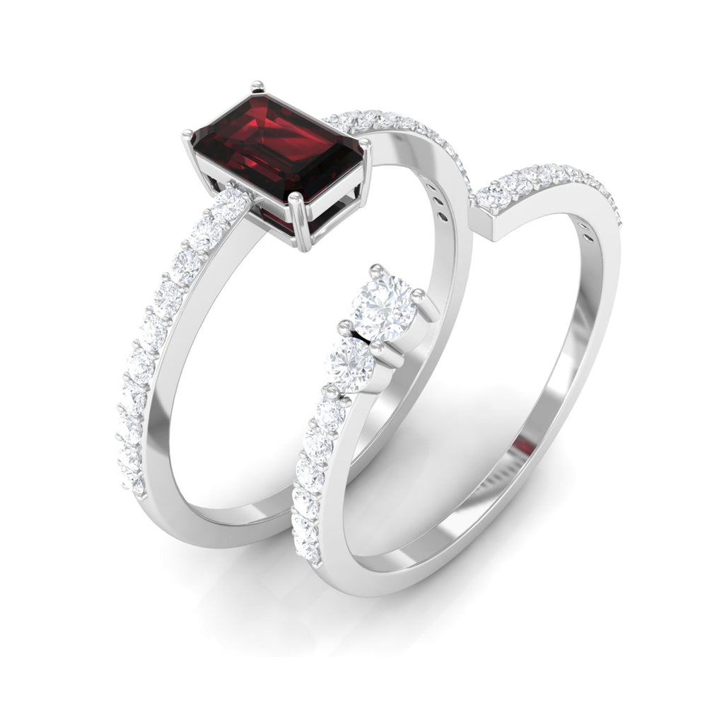 Real Garnet Diamond Emerald Cut Engagement Ring with Enhancer