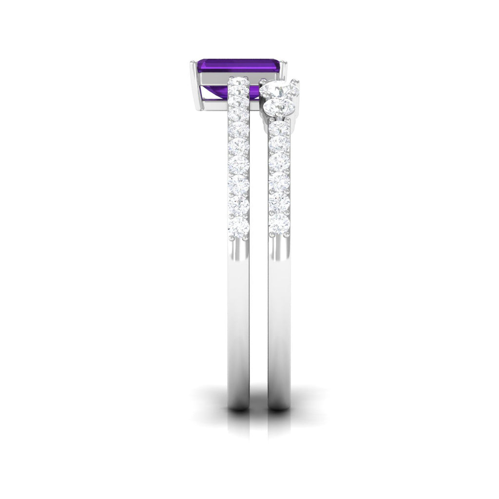 Natural 1.4 Carat Emerald Cut Amethyst Diamond Wedding Bridal Ring Set
