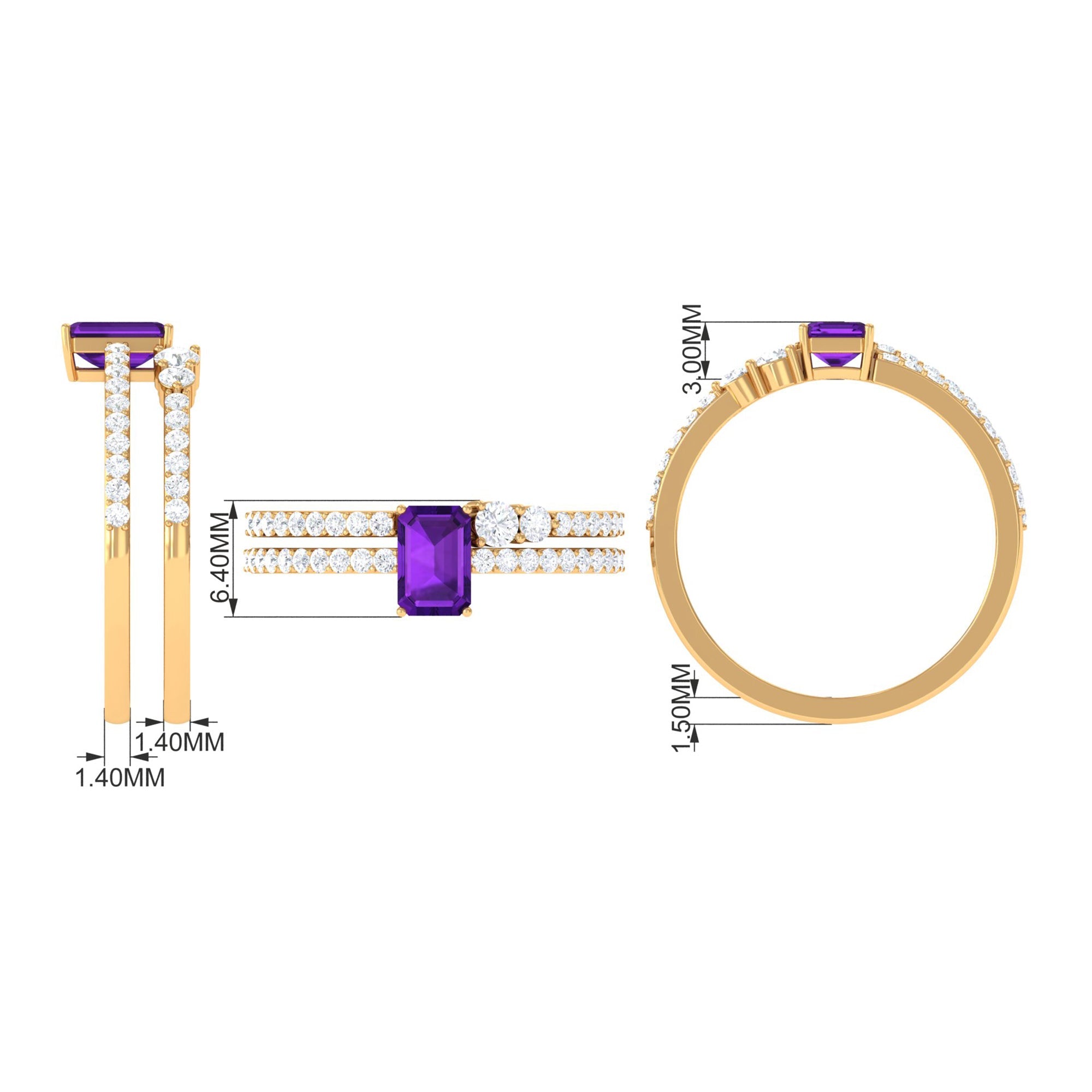 Natural 1.4 Carat Emerald Cut Amethyst Diamond Wedding Bridal Ring Set