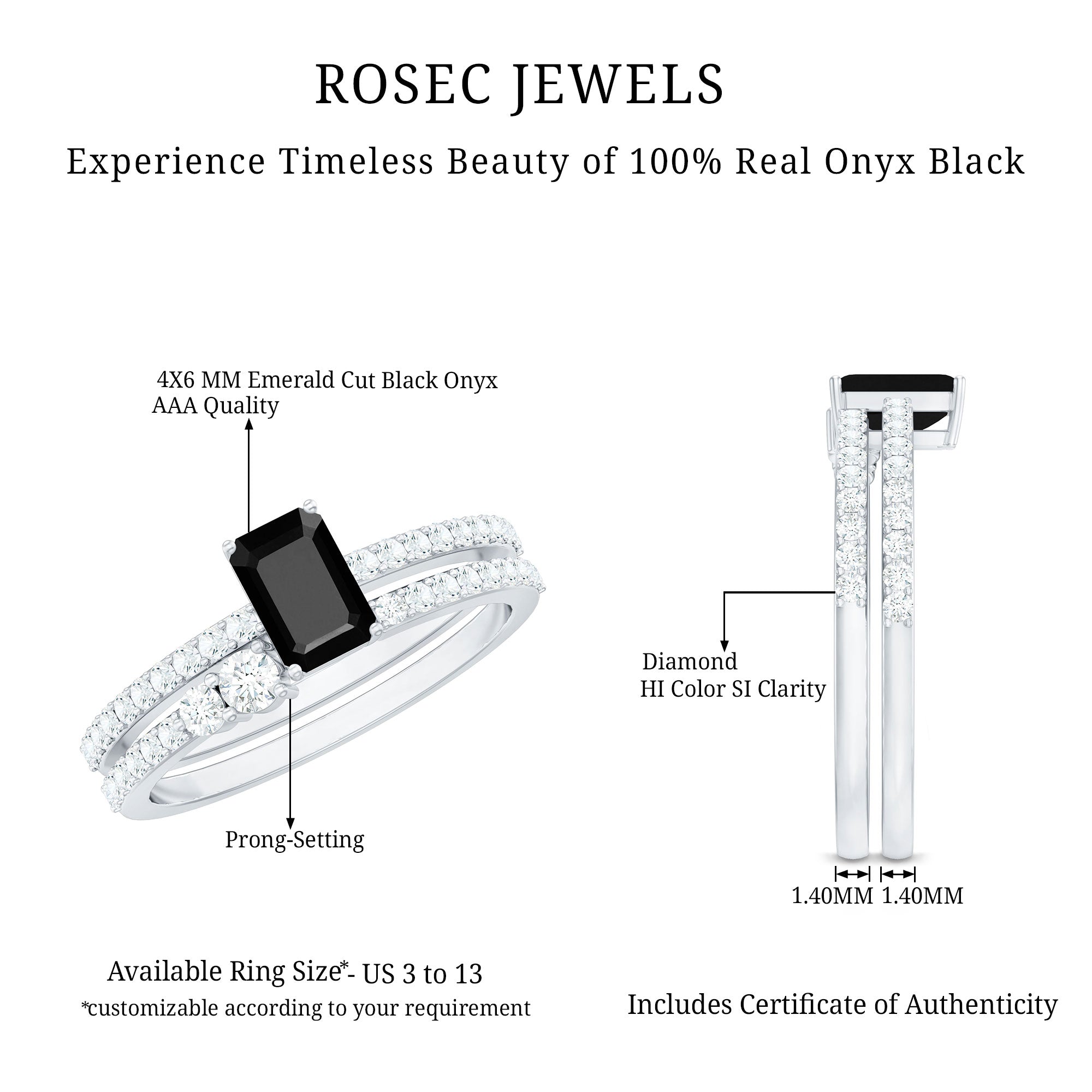 Emerald Cut Black Onyx and Diamond Bridal Ring Set