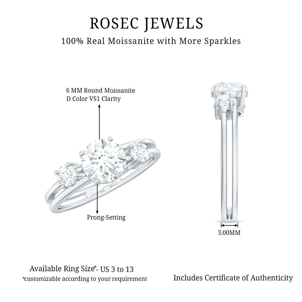 0.9 Carat Brilliant Cut Moissanite 3 Stone Engagement Ring with Double Band