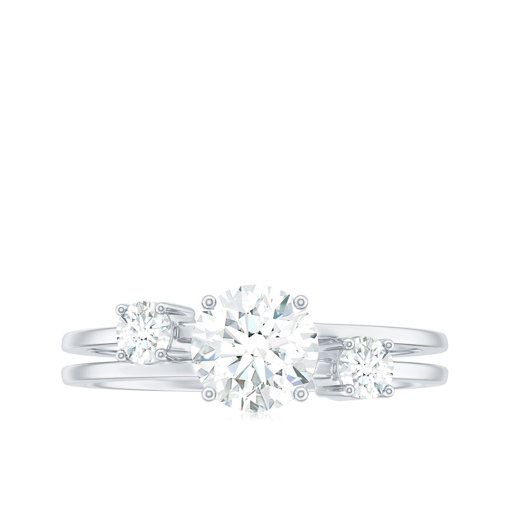 0.9 Carat Brilliant Cut Moissanite 3 Stone Engagement Ring with Double Band