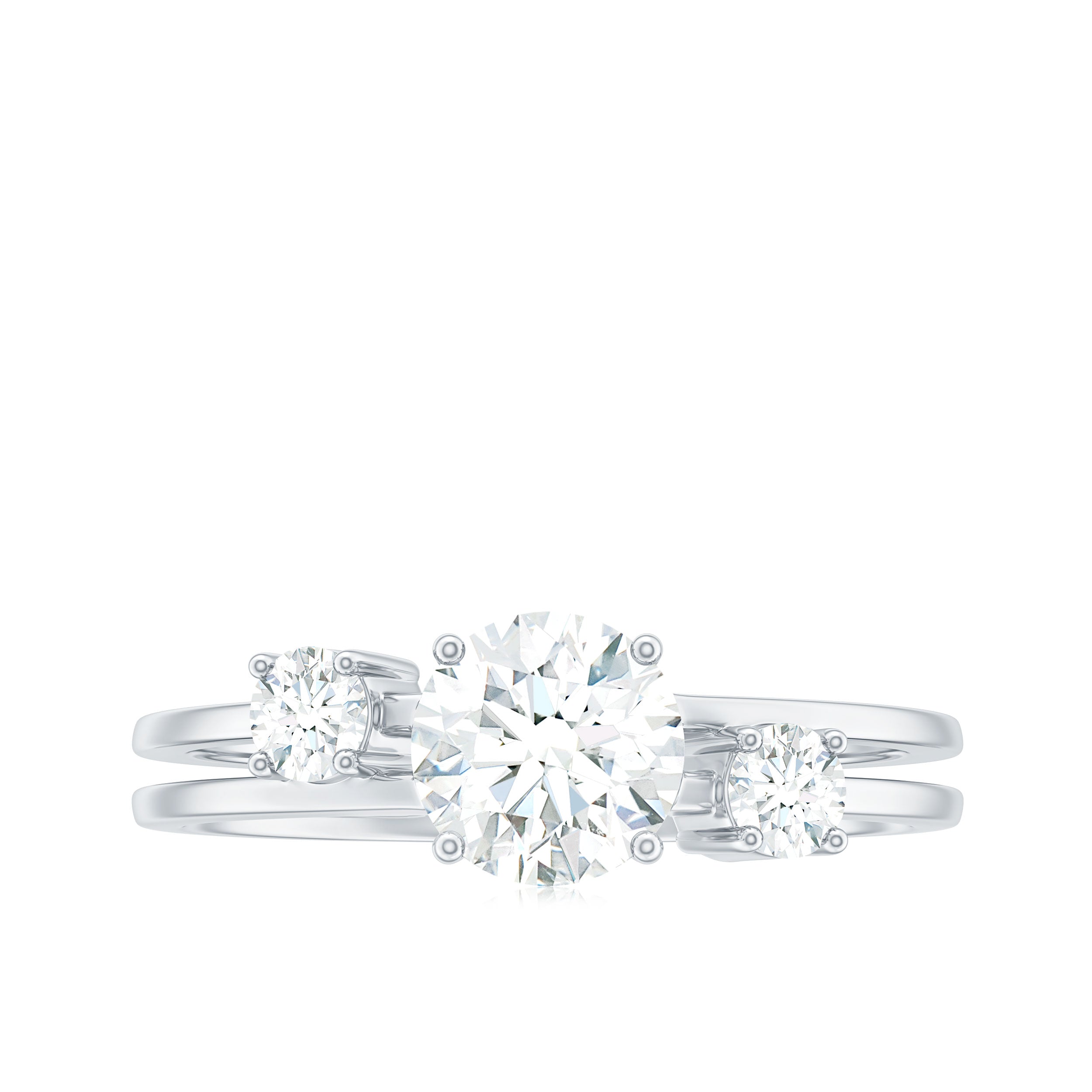 0.9 Carat Brilliant Cut Moissanite 3 Stone Engagement Ring with Double Band