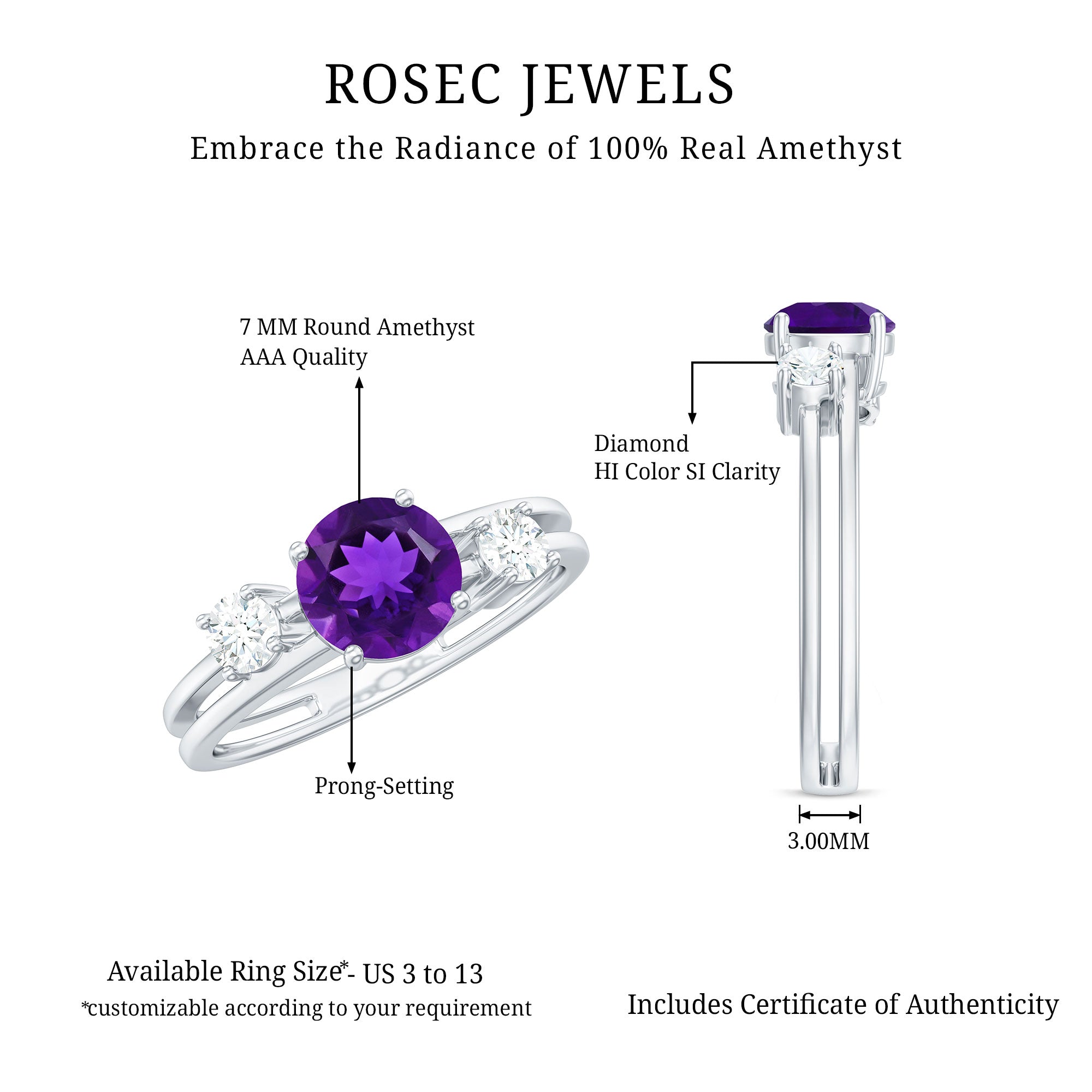Natural 1.2 Carat Amethyst Double Band Engagement Ring with Diamond