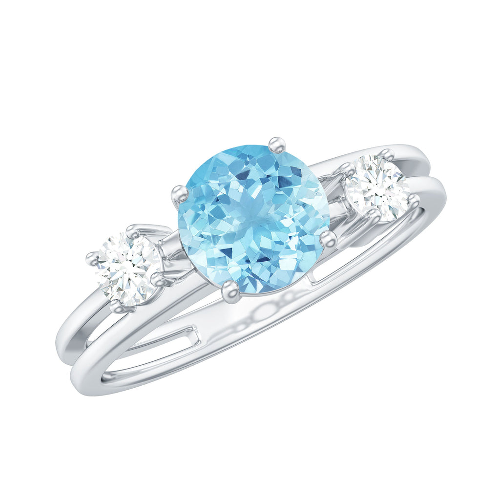 0.8 Carat Aquamarine and Diamond 3 Stone Engagement Ring with Double Band Shank