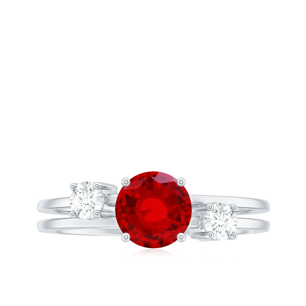 Certified 1.3 Carat Lab Grown Ruby Double Band Engagement Ring with Diamond