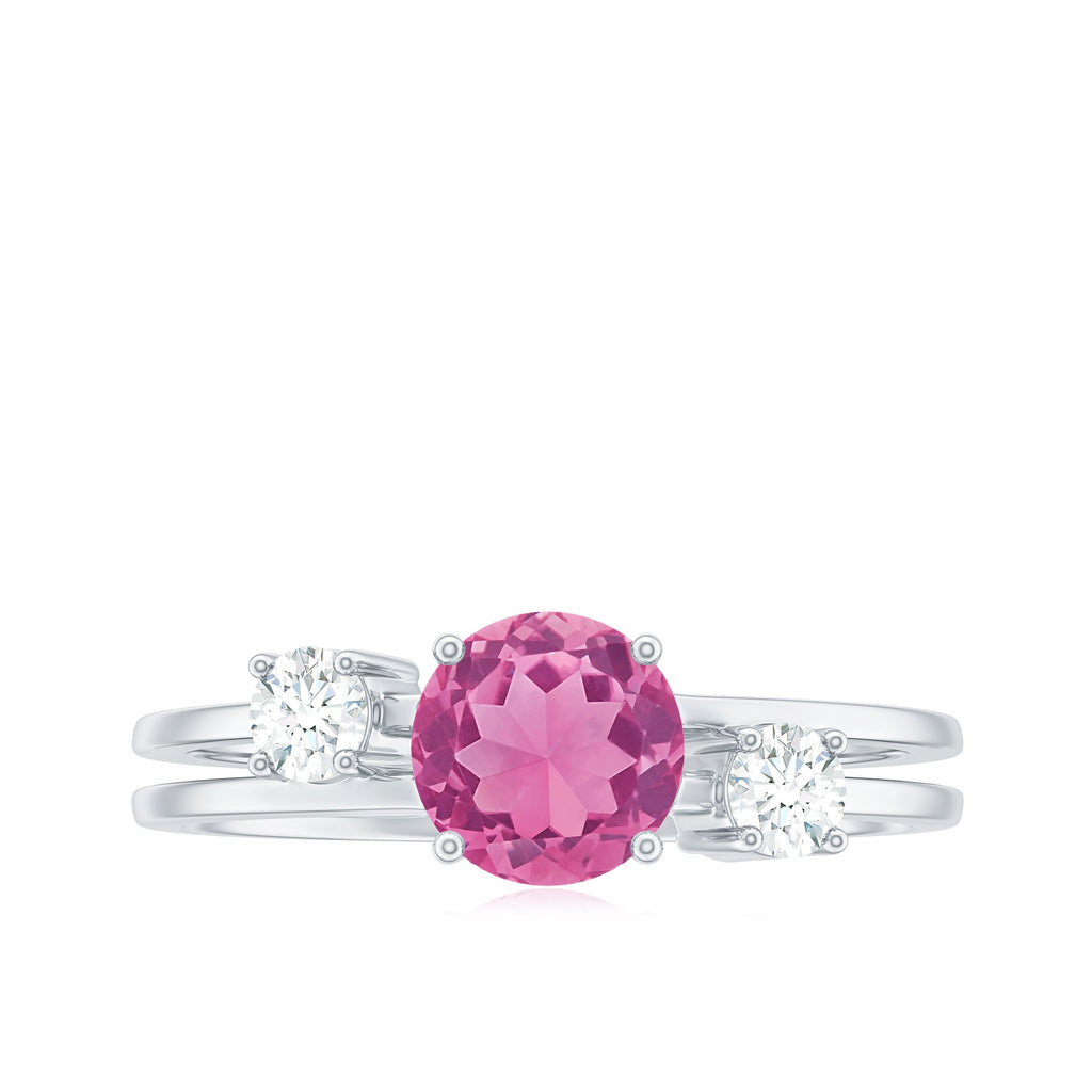 1.2 Carat Genuine Pink Tourmaline Solitaire Double Band Ring with Diamond