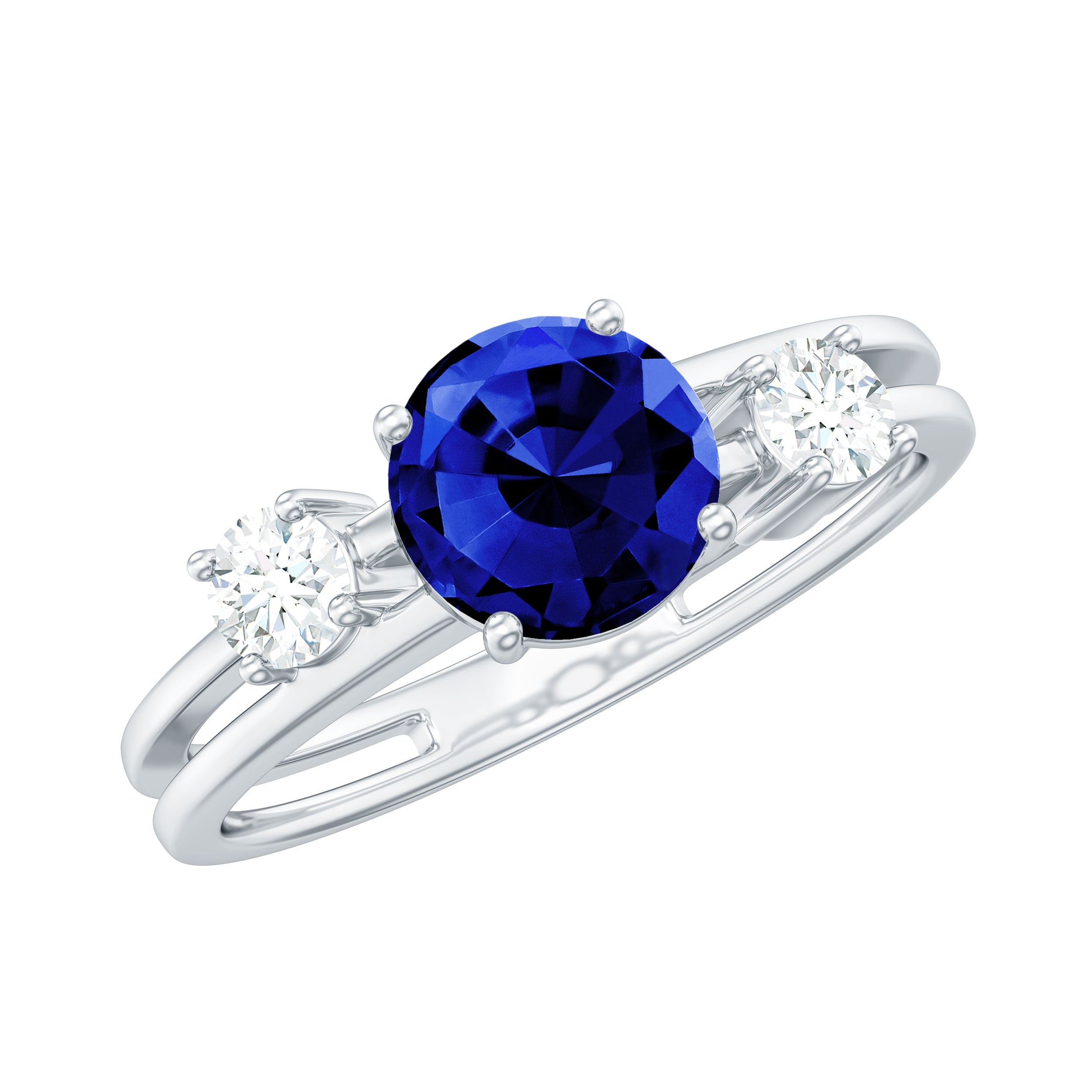 Certified 1 Carat Lab Grown Blue Sapphire Double Band Engagement Ring with Diamond