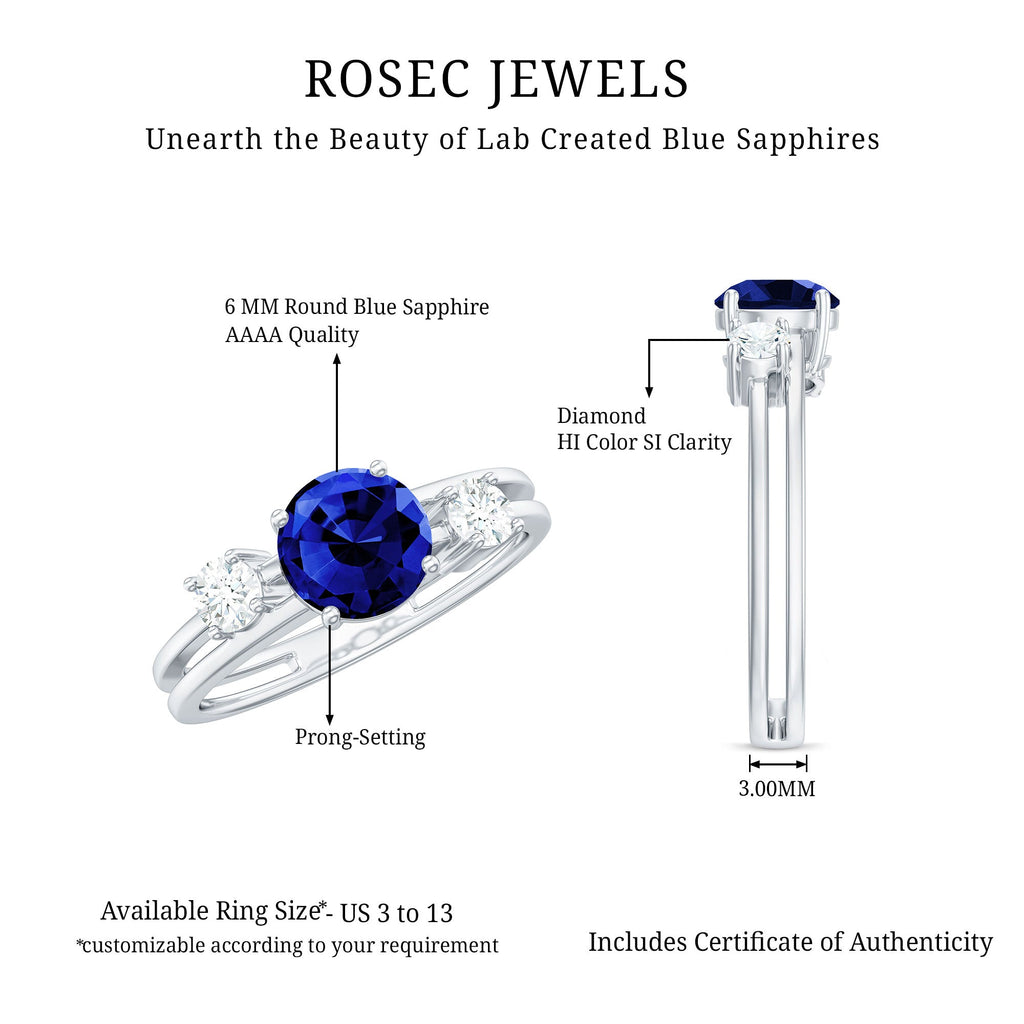 Certified 1 Carat Lab Grown Blue Sapphire Double Band Engagement Ring with Diamond
