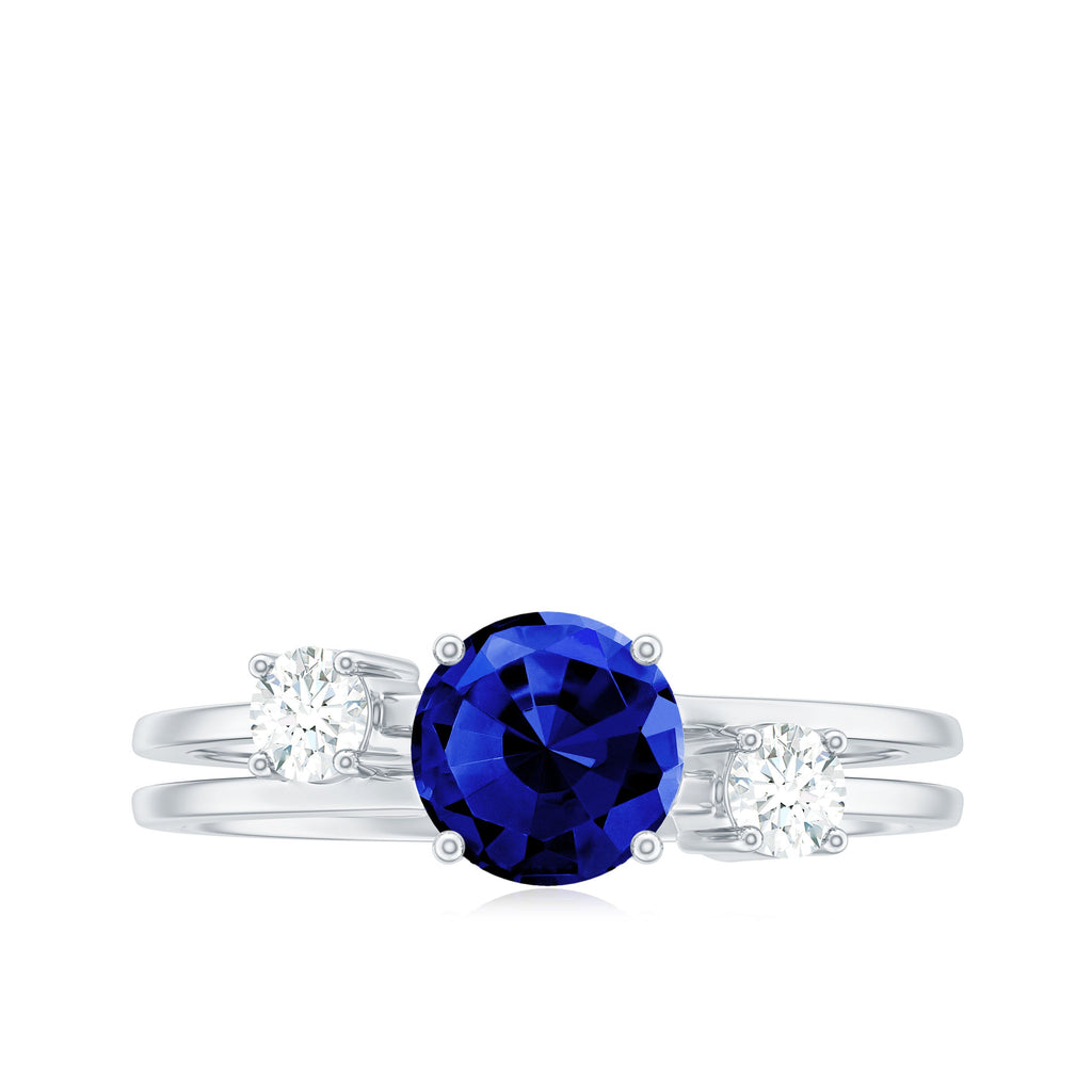 Certified 1 Carat Lab Grown Blue Sapphire Double Band Engagement Ring with Diamond