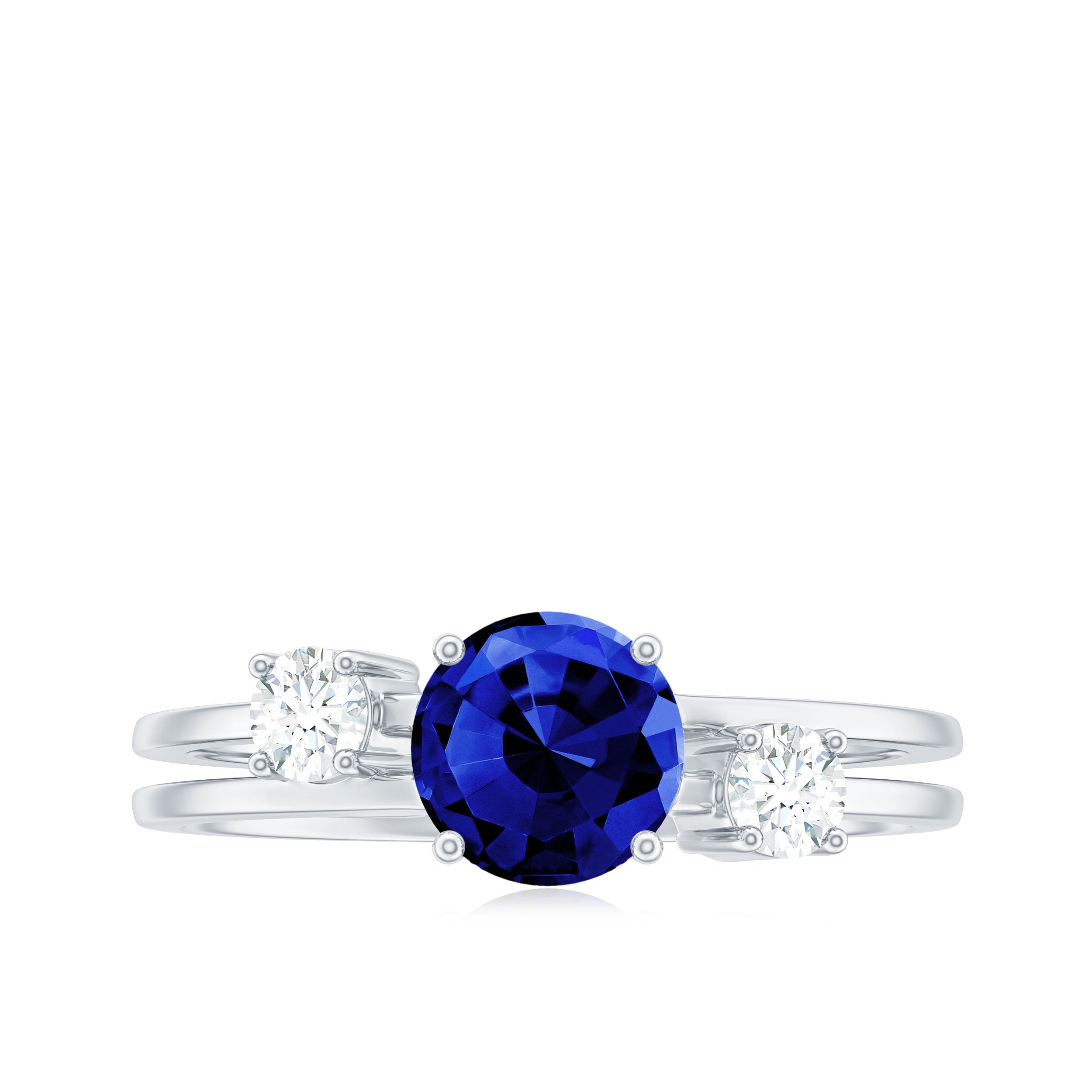 Certified 1 Carat Lab Grown Blue Sapphire Double Band Engagement Ring with Diamond
