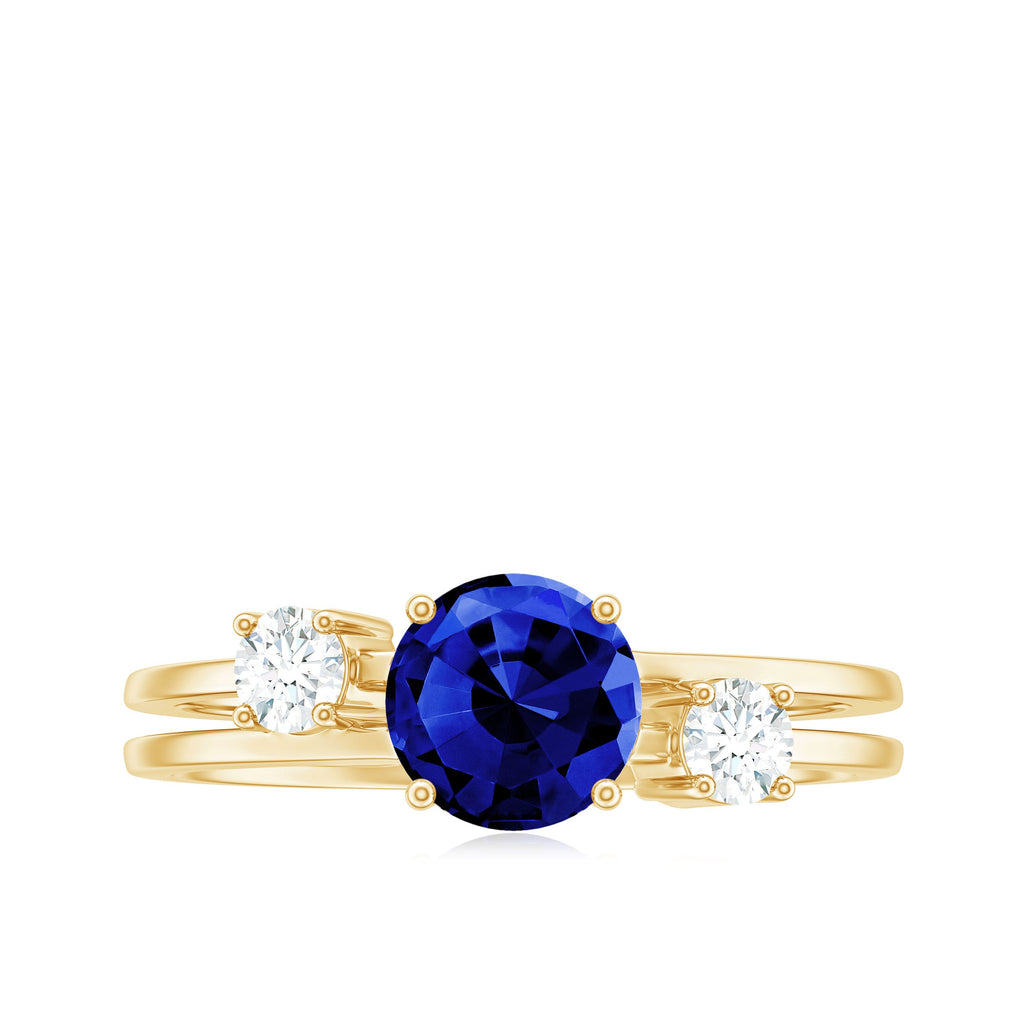 Certified 1 Carat Lab Grown Blue Sapphire Double Band Engagement Ring with Diamond