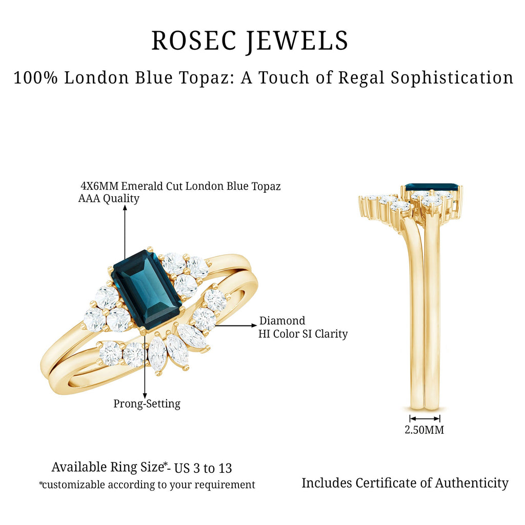 0.7 Carat Emerald Cut London Blue Topaz Designer Bridal Ring Set with Diamond