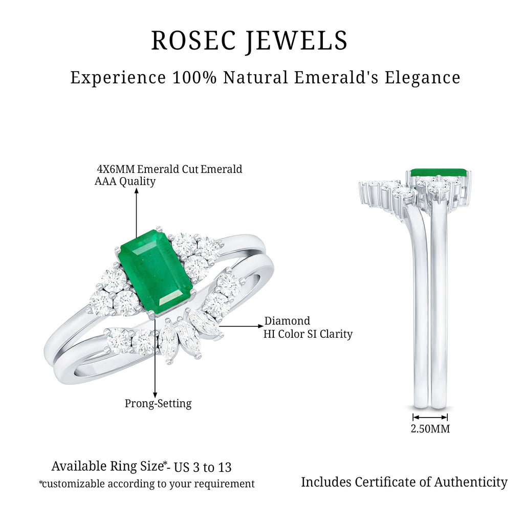 Certified Real Emerald Diamond Emerald Cut Engagement Ring and Wedding Band
