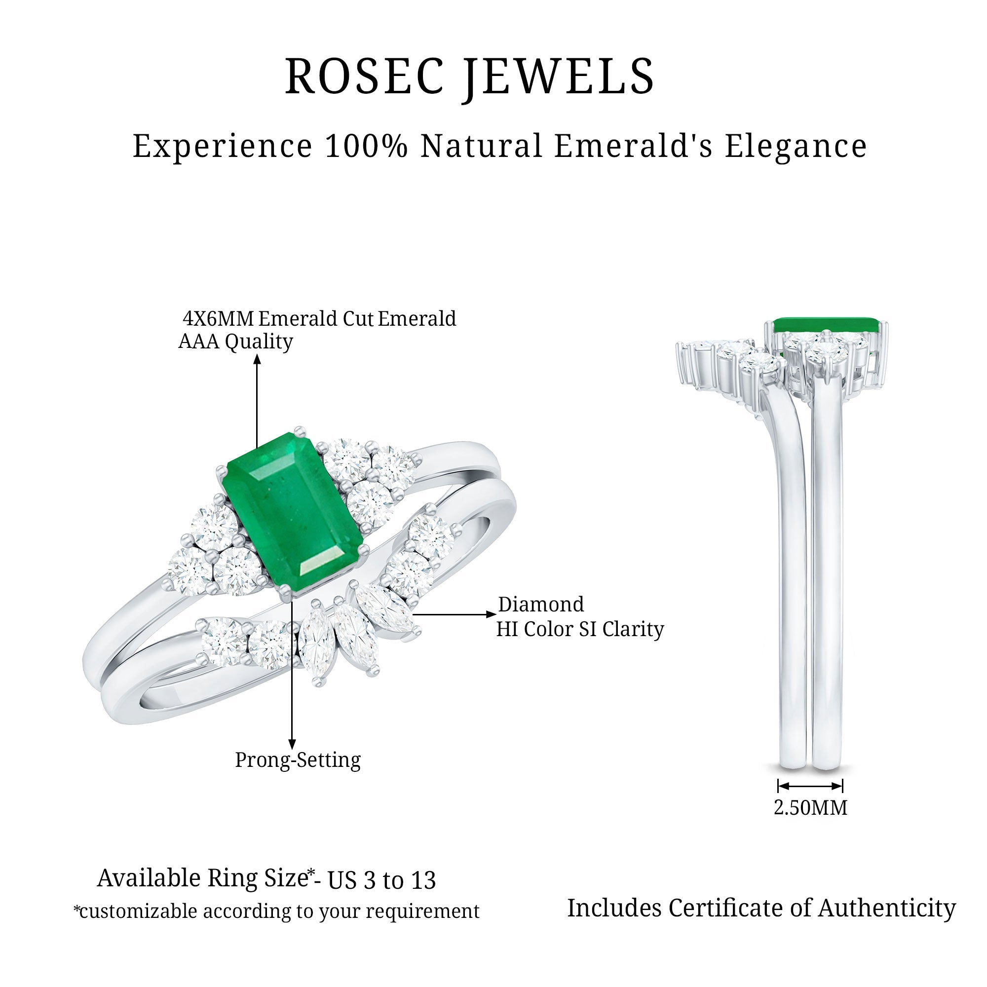 Certified Real Emerald Diamond Emerald Cut Engagement Ring and Wedding Band