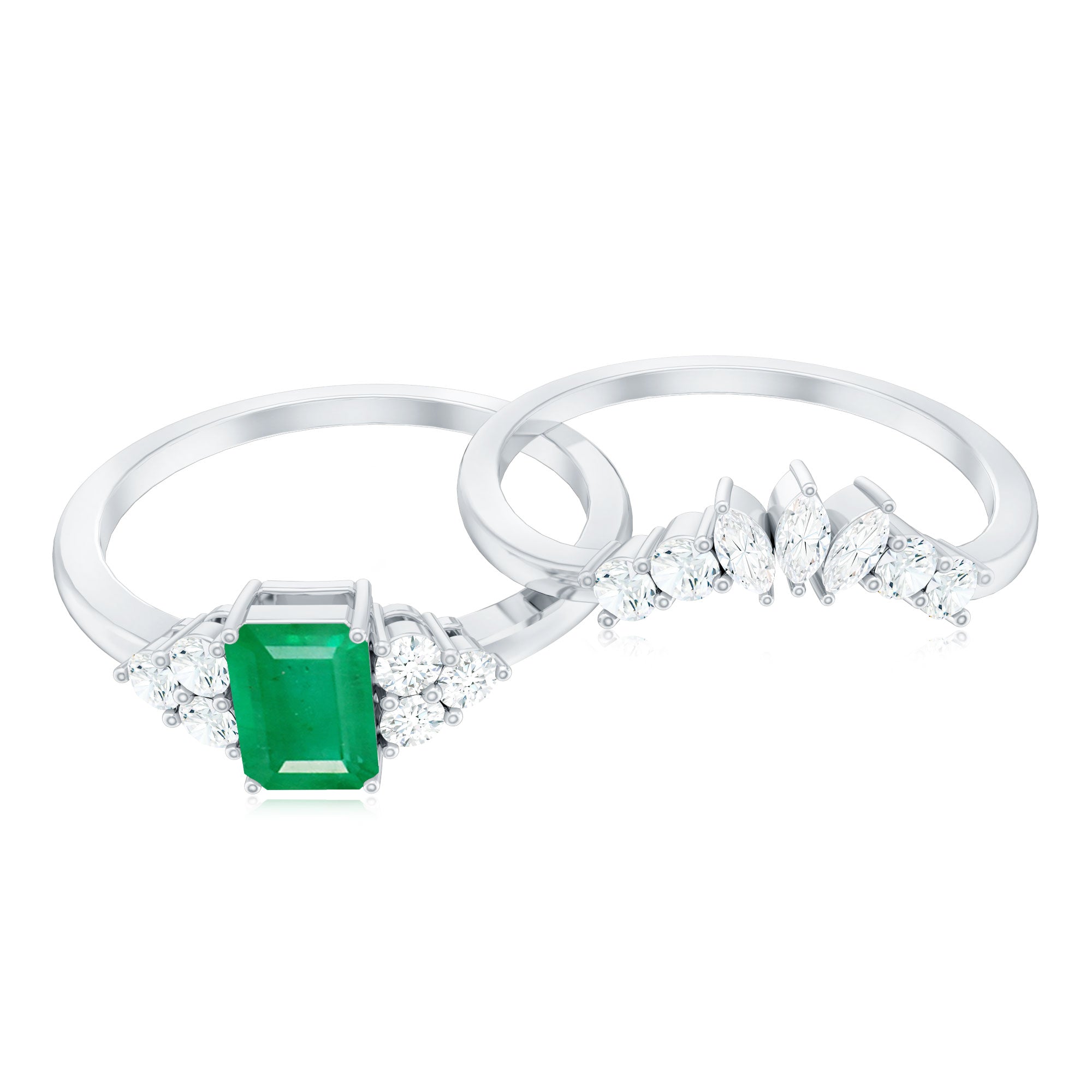 Certified Real Emerald Diamond Emerald Cut Engagement Ring and Wedding Band