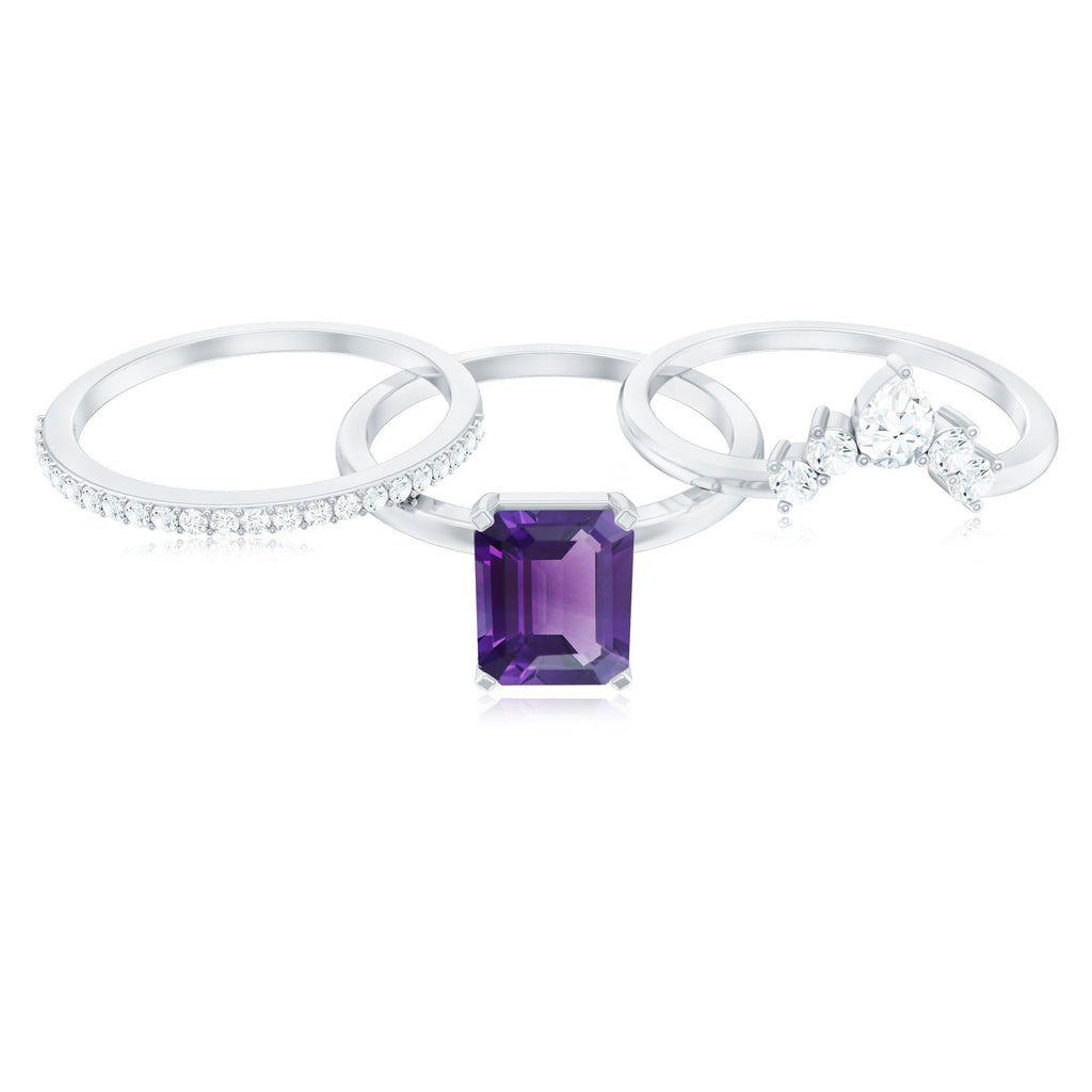 Natural 1.4 Carat Amethyst 3 Piece Bridal Ring Set with Diamond