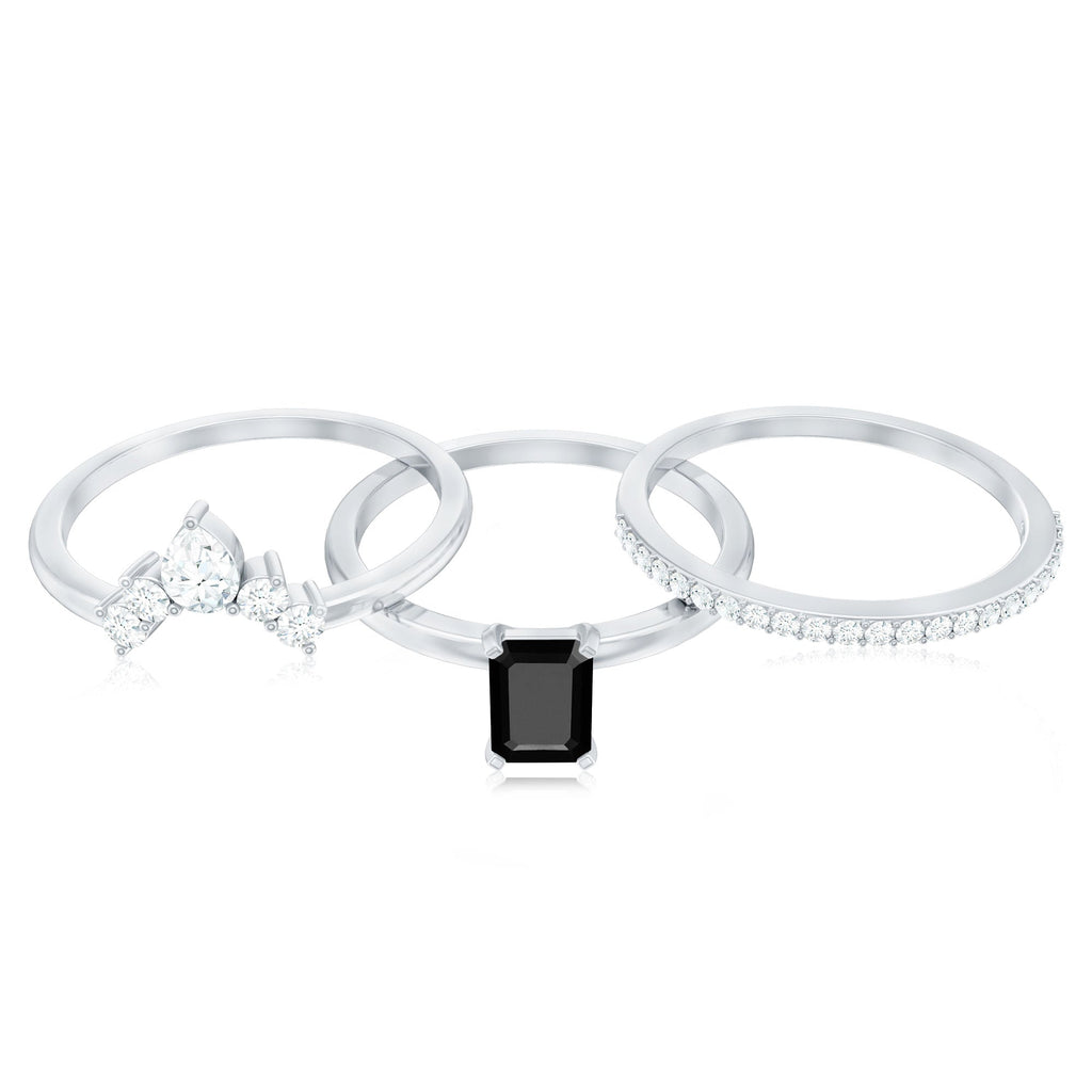 Emerald Cut Black Onyx and Diamond Trio Wedding Ring Set