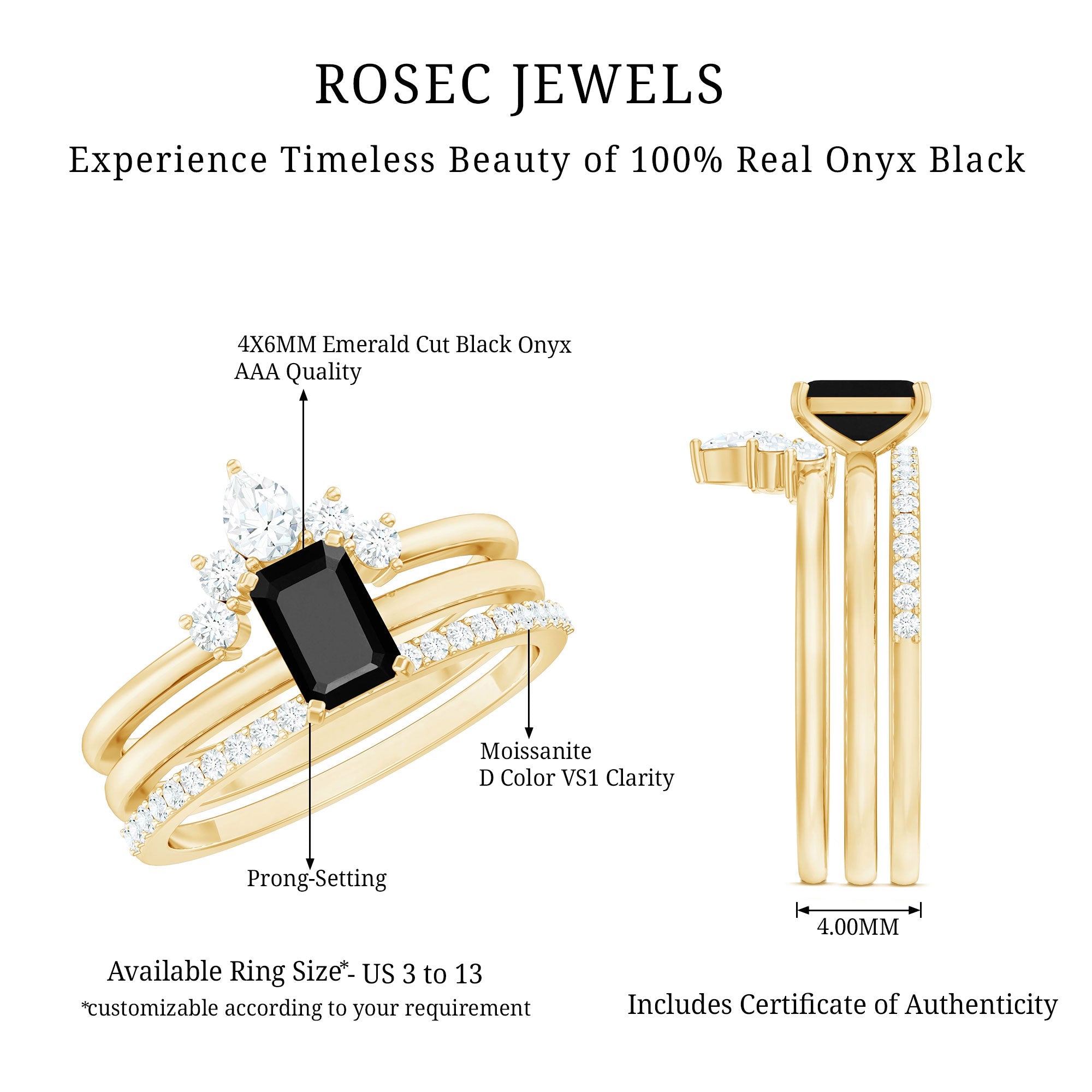 Emerald Cut Black Onyx and Diamond Trio Wedding Ring Set