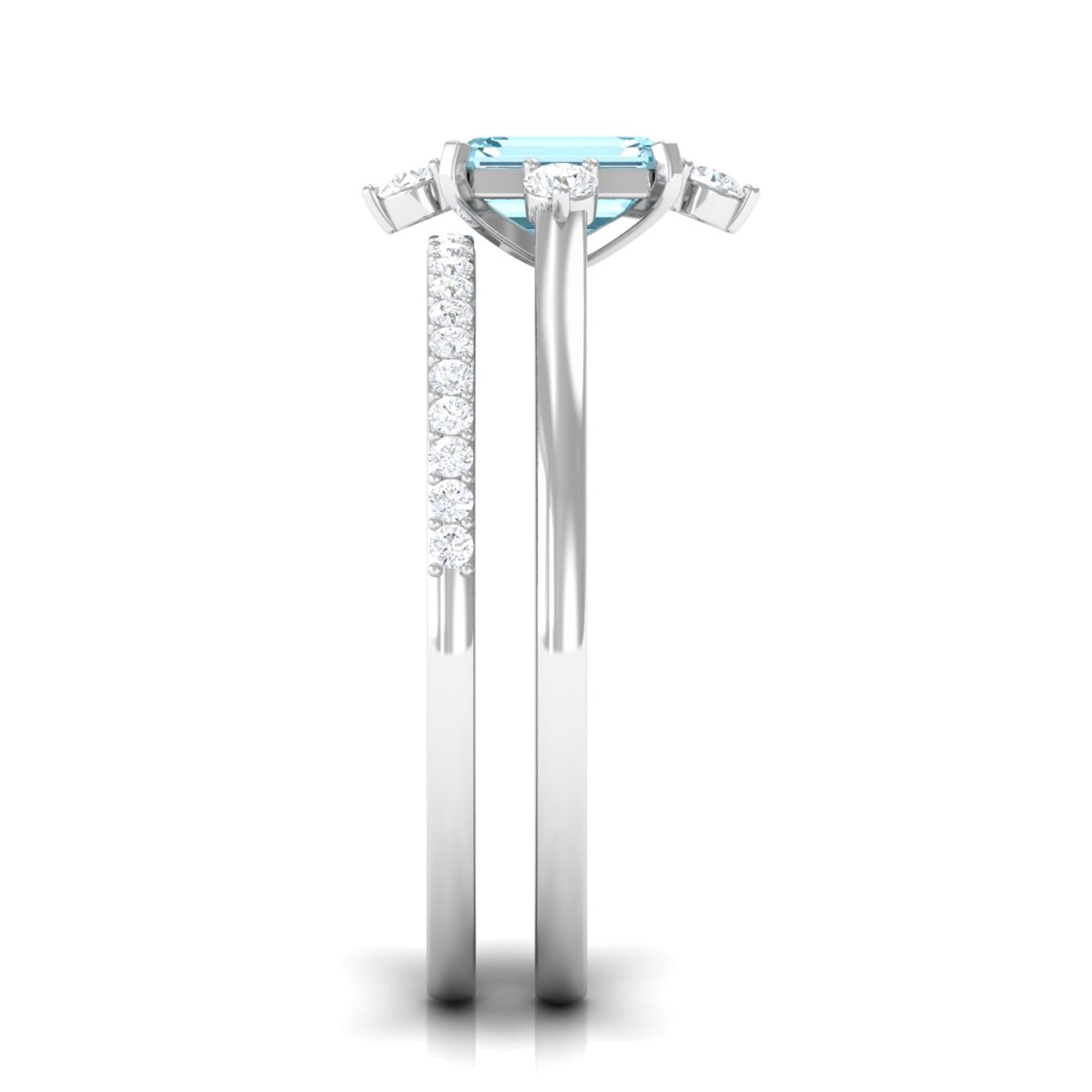 Emerald Cut Genuine Aquamarine and Diamond Designer Engagement Ring Set