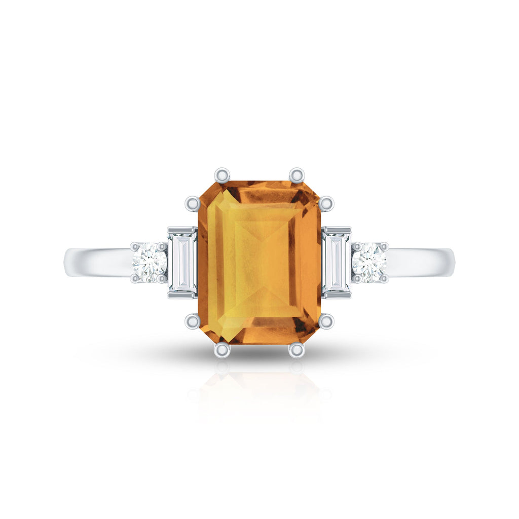 Certified Natural Citrine Emerald Cut Engagement Ring with Diamond