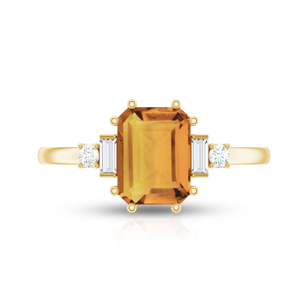 Certified Natural Citrine Emerald Cut Engagement Ring with Diamond