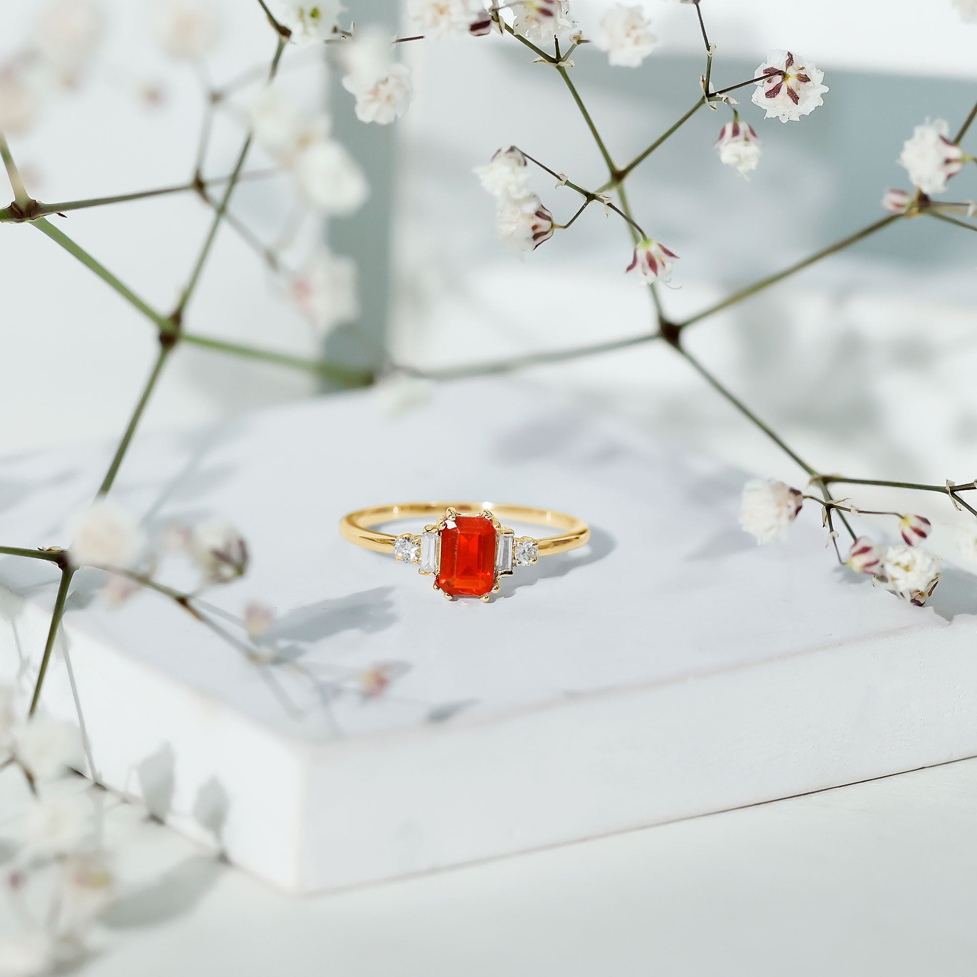 1 CT Emerald Cut Fire Opal Engagement Ring with Diamond