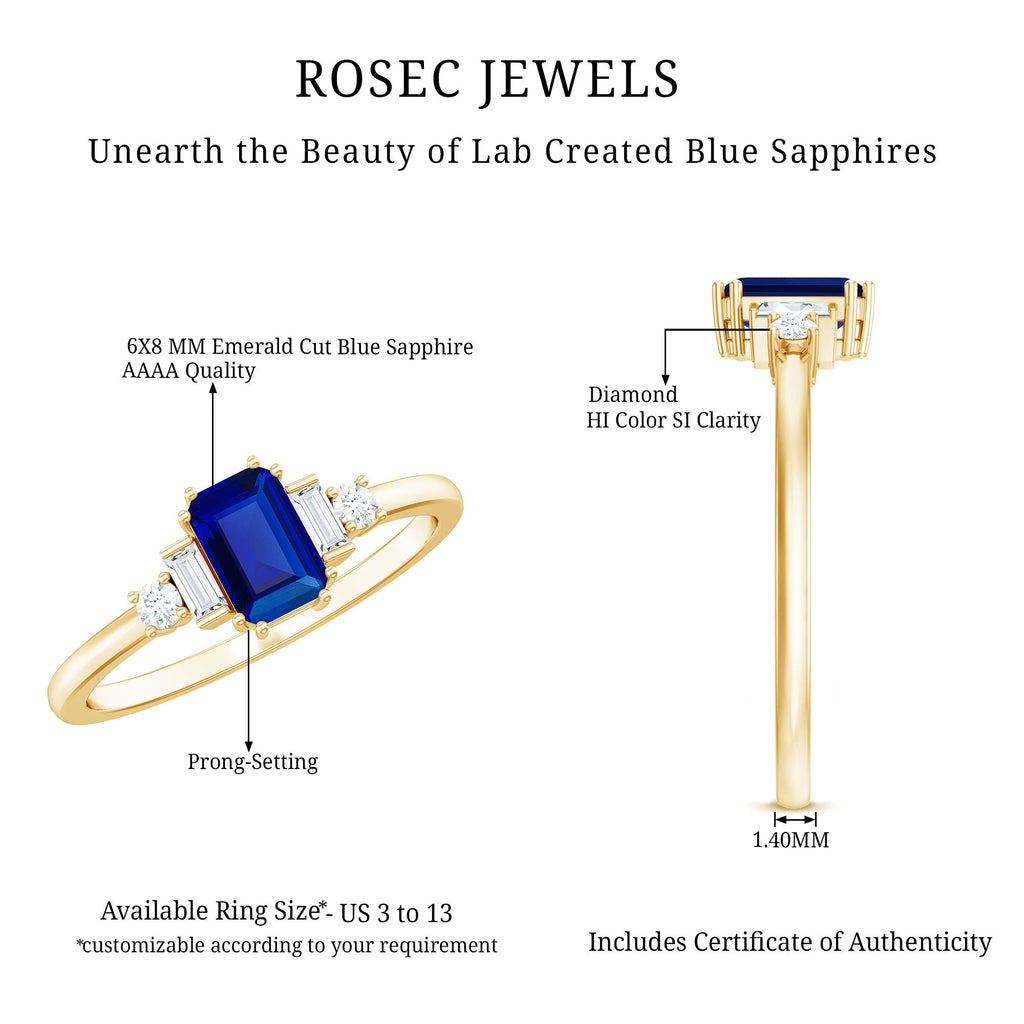 Certified 1.75 Carat Lab Grown Blue Sapphire Emerald Cut Engagement Ring with Diamond