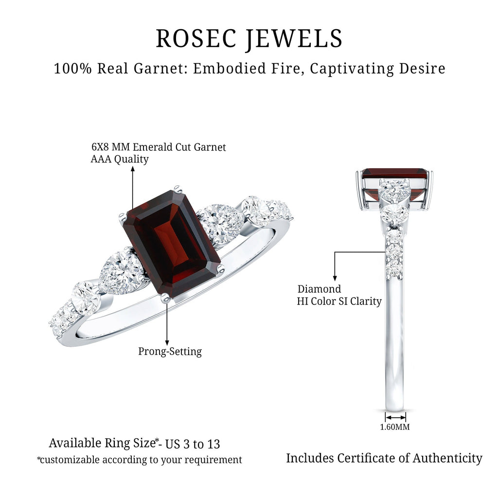 Genuine Garnet Emerald Cut Engagement Ring with Diamond Side Stones