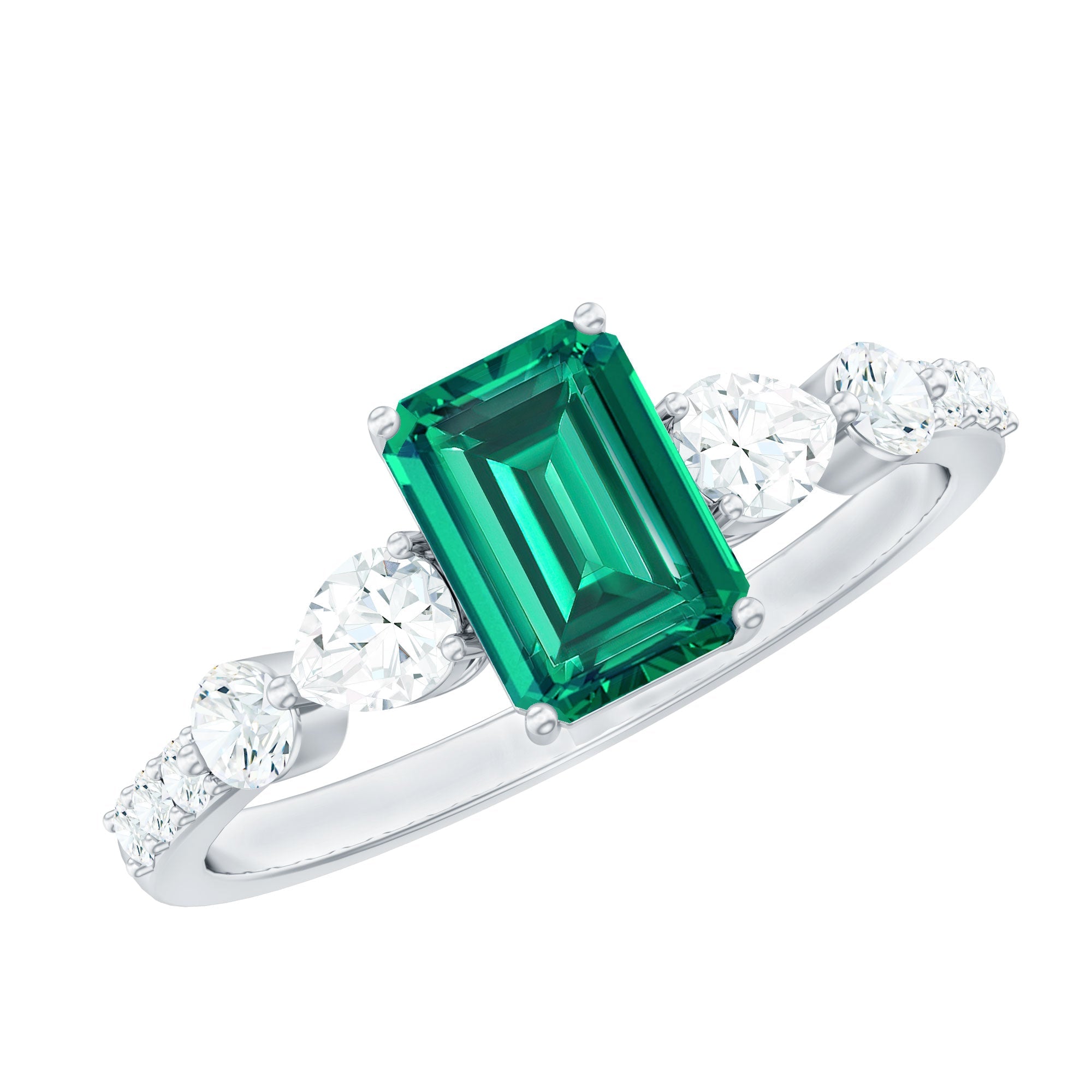Certified Lab Grown Emerald Cut Emerald Engagement Ring with Side Stones