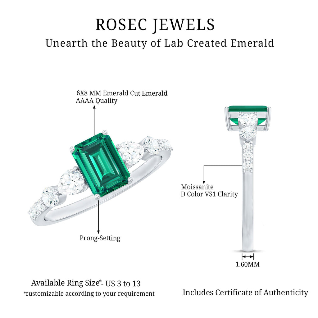 Certified Lab Grown Emerald Cut Emerald Engagement Ring with Side Stones