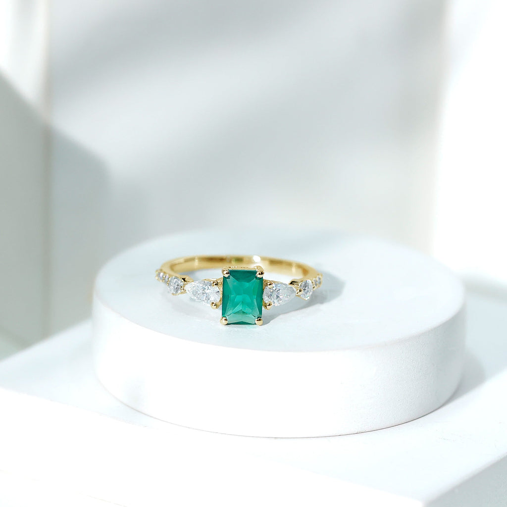 Certified Lab Grown Emerald Cut Emerald Engagement Ring with Side Stones