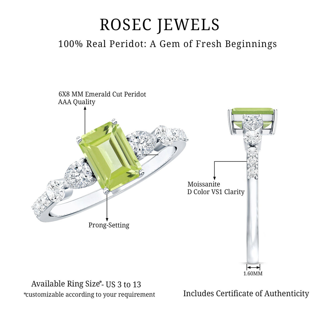 Natural 1.8 Carat Peridot Emerald Cut Engagement Ring with Side Stones
