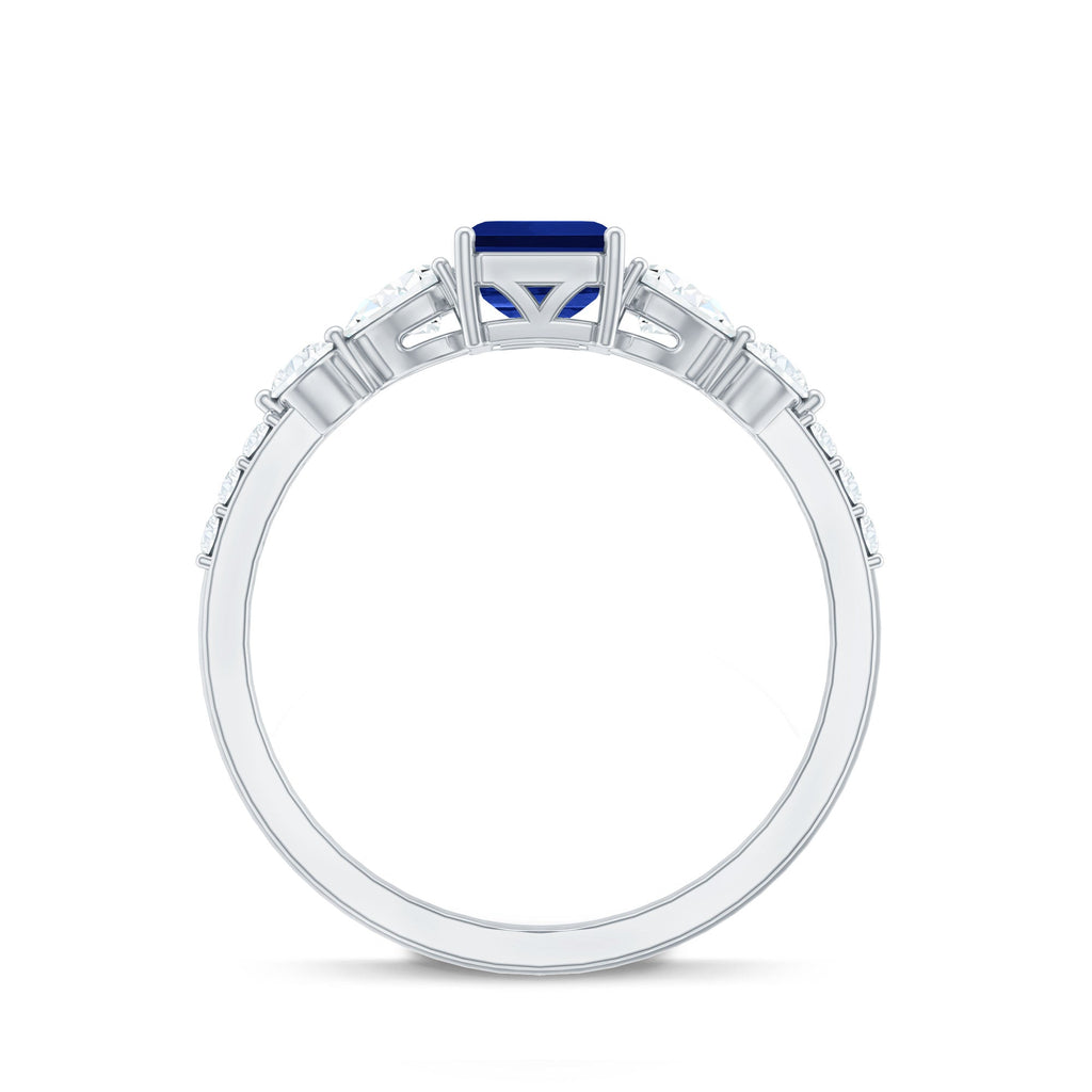 Certified 1.75 Carat Lab Grown Blue Sapphire Emerald Cut Engagement Ring with Diamond Side Stones