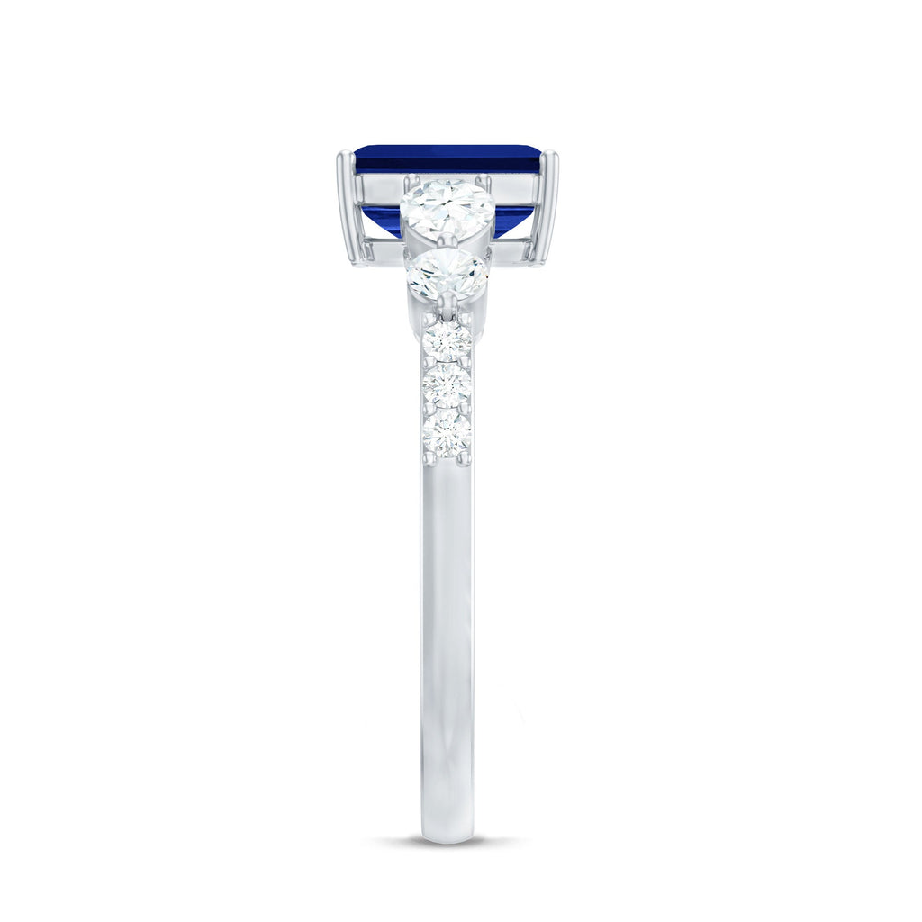 Certified 1.75 Carat Lab Grown Blue Sapphire Emerald Cut Engagement Ring with Diamond Side Stones