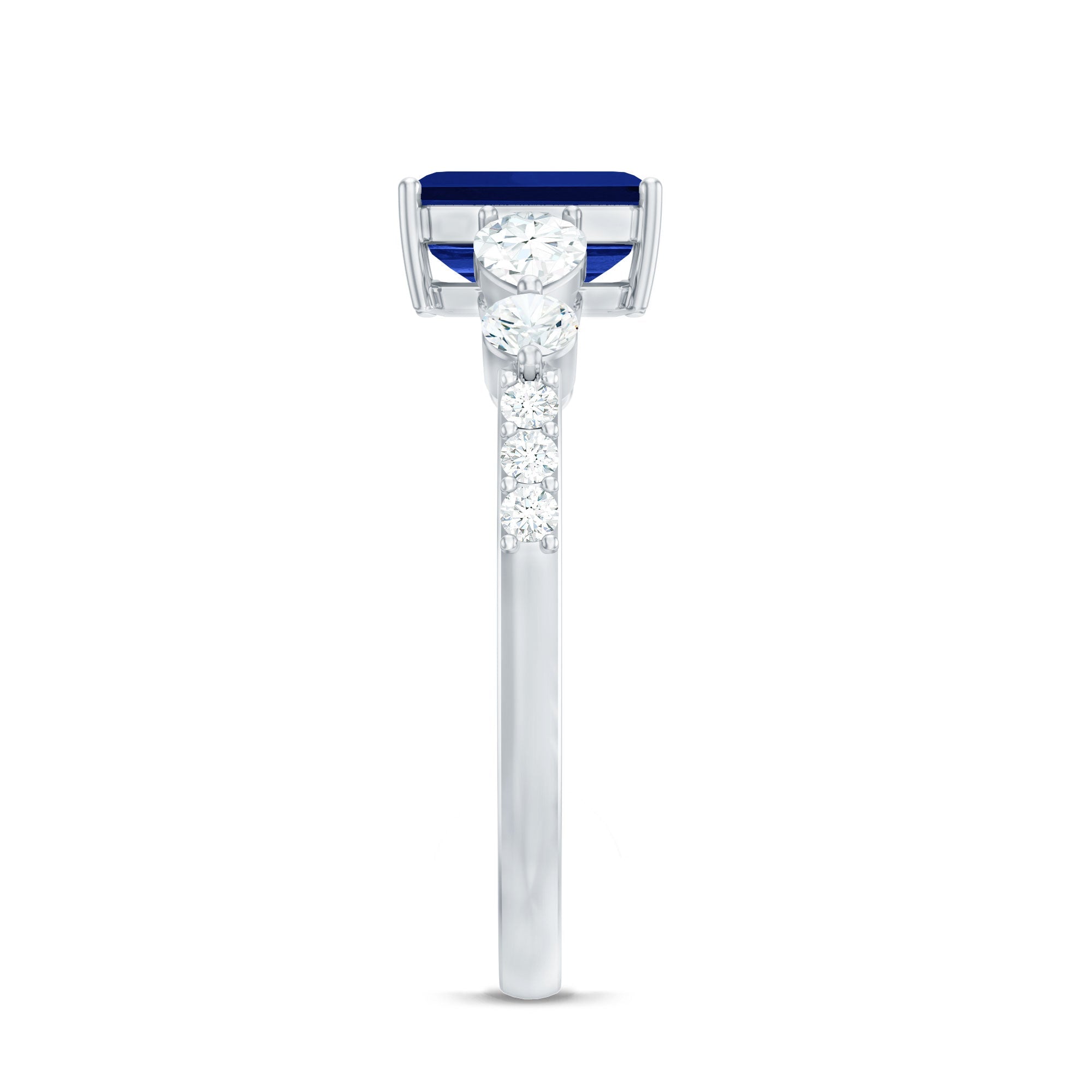 Certified 1.75 Carat Lab Grown Blue Sapphire Emerald Cut Engagement Ring with Diamond Side Stones