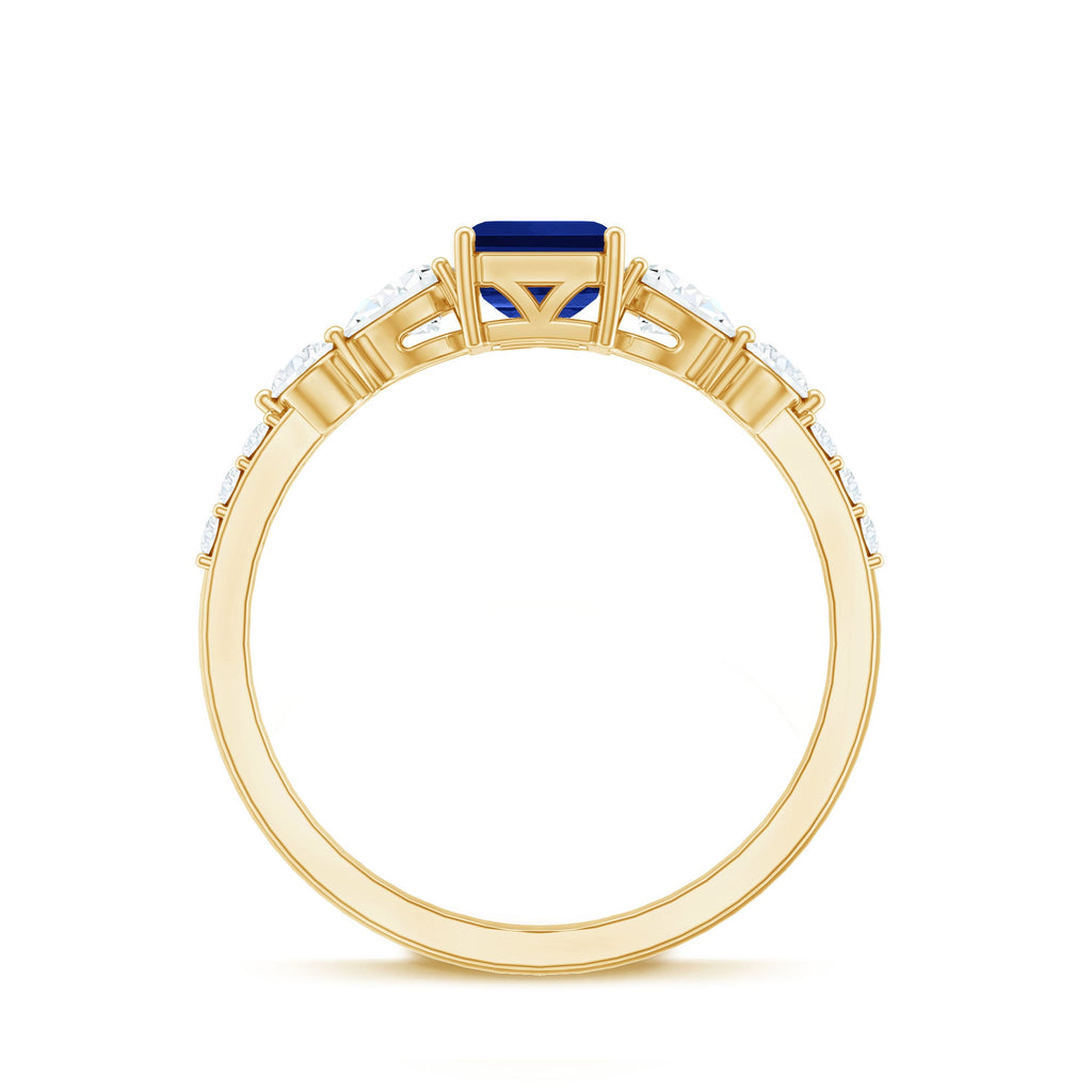 Certified 1.75 Carat Lab Grown Blue Sapphire Emerald Cut Engagement Ring with Diamond Side Stones