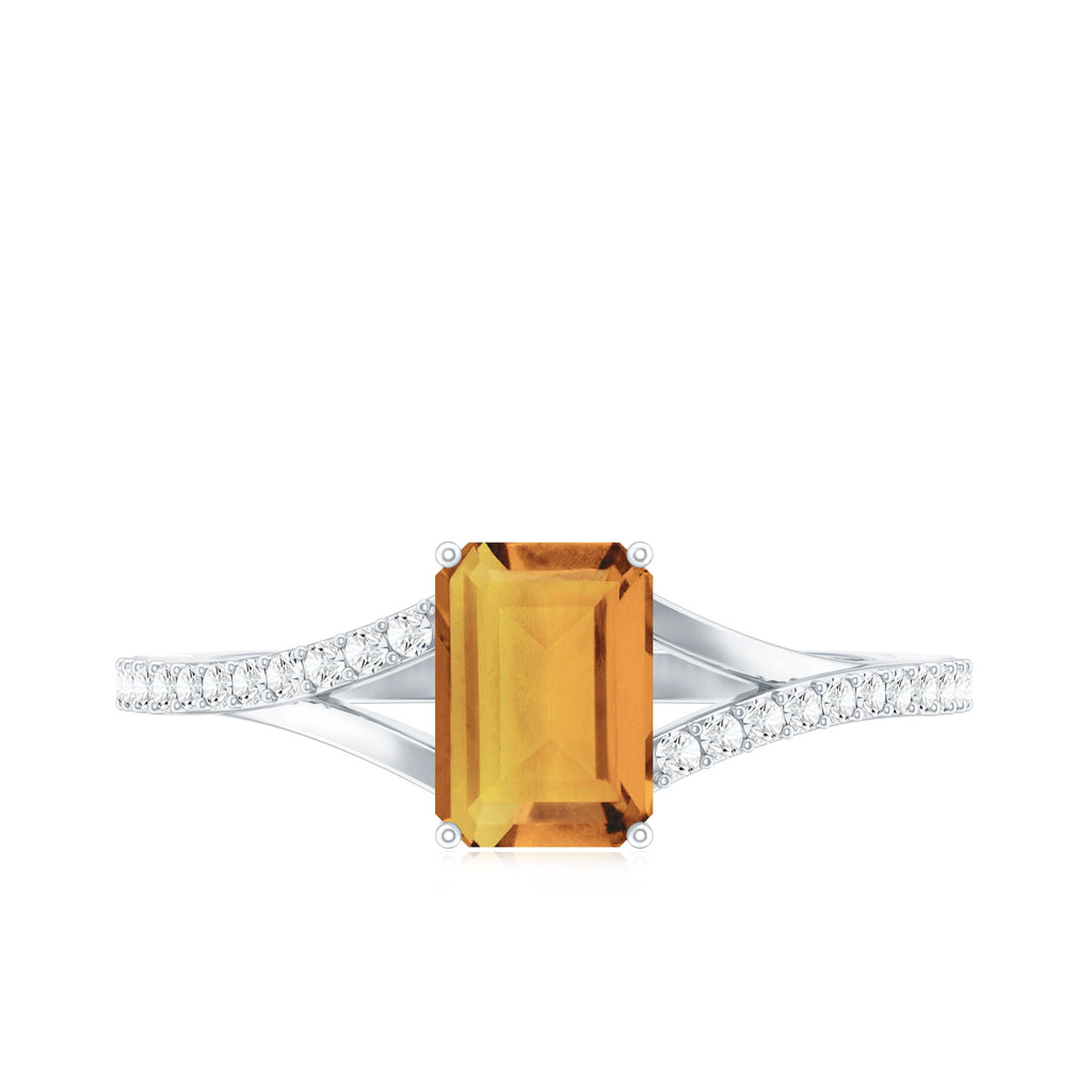 Real Citrine Emerald Cut Engagement Ring with Diamond Split Shank