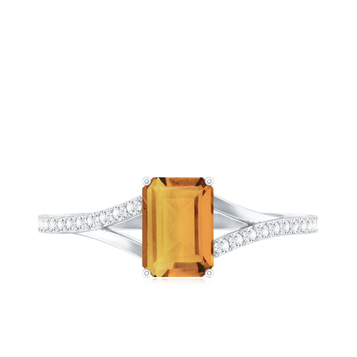 Real Citrine Emerald Cut Engagement Ring with Diamond Split Shank
