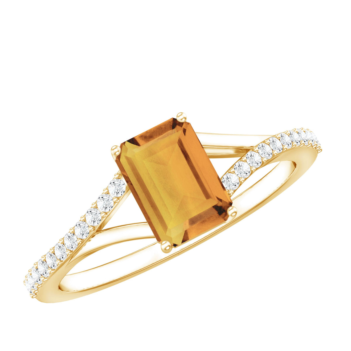 Real Citrine Emerald Cut Engagement Ring with Diamond Split Shank