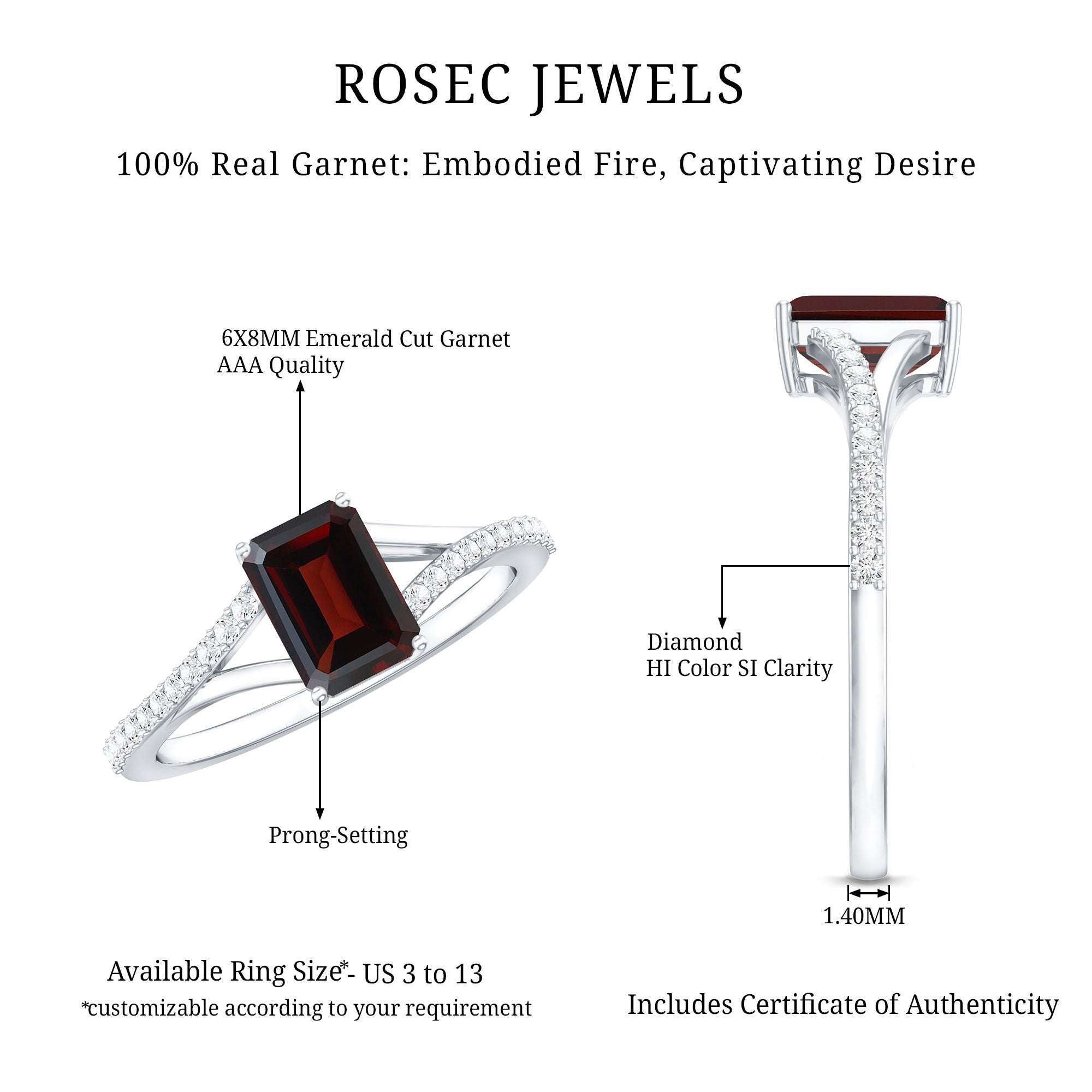 Certified Natural Garnet Emerald Cut Engagement Ring with Diamond Split Shank