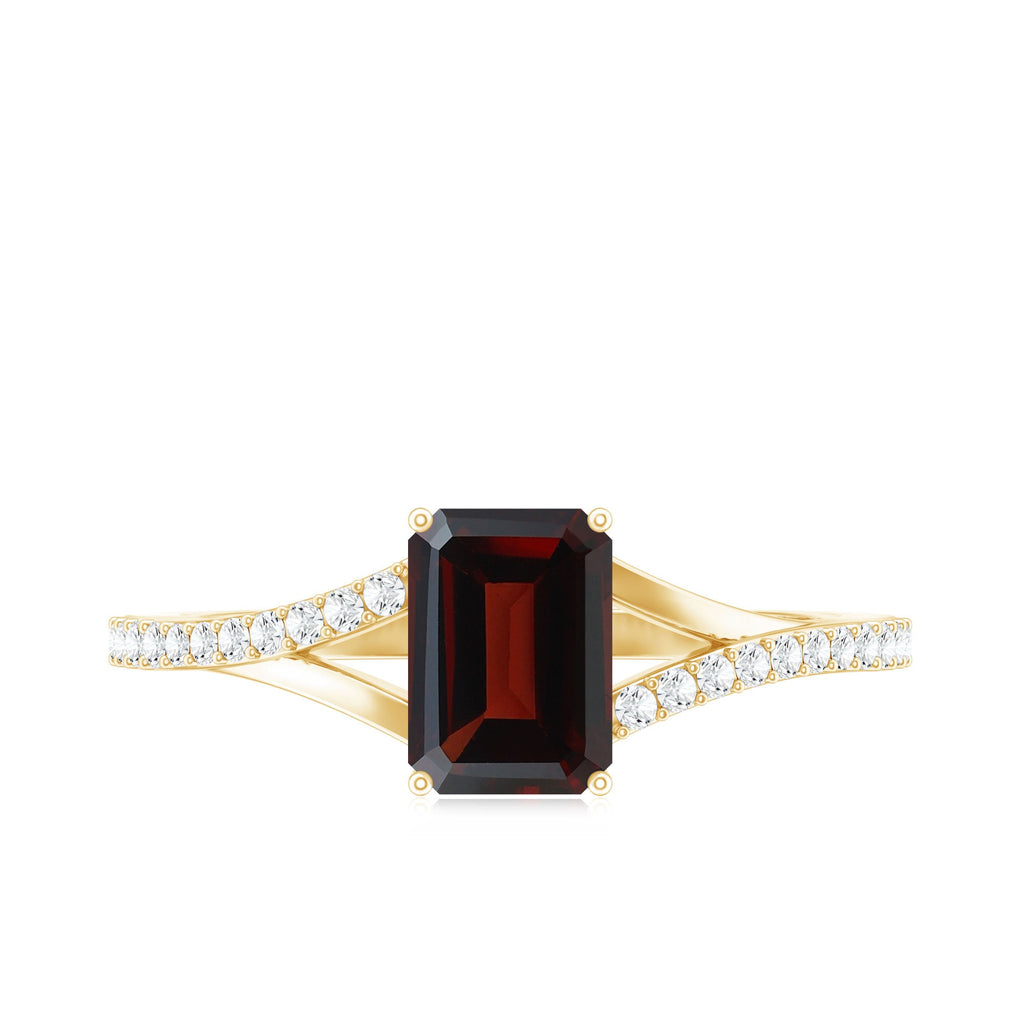 Certified Natural Garnet Emerald Cut Engagement Ring with Diamond Split Shank