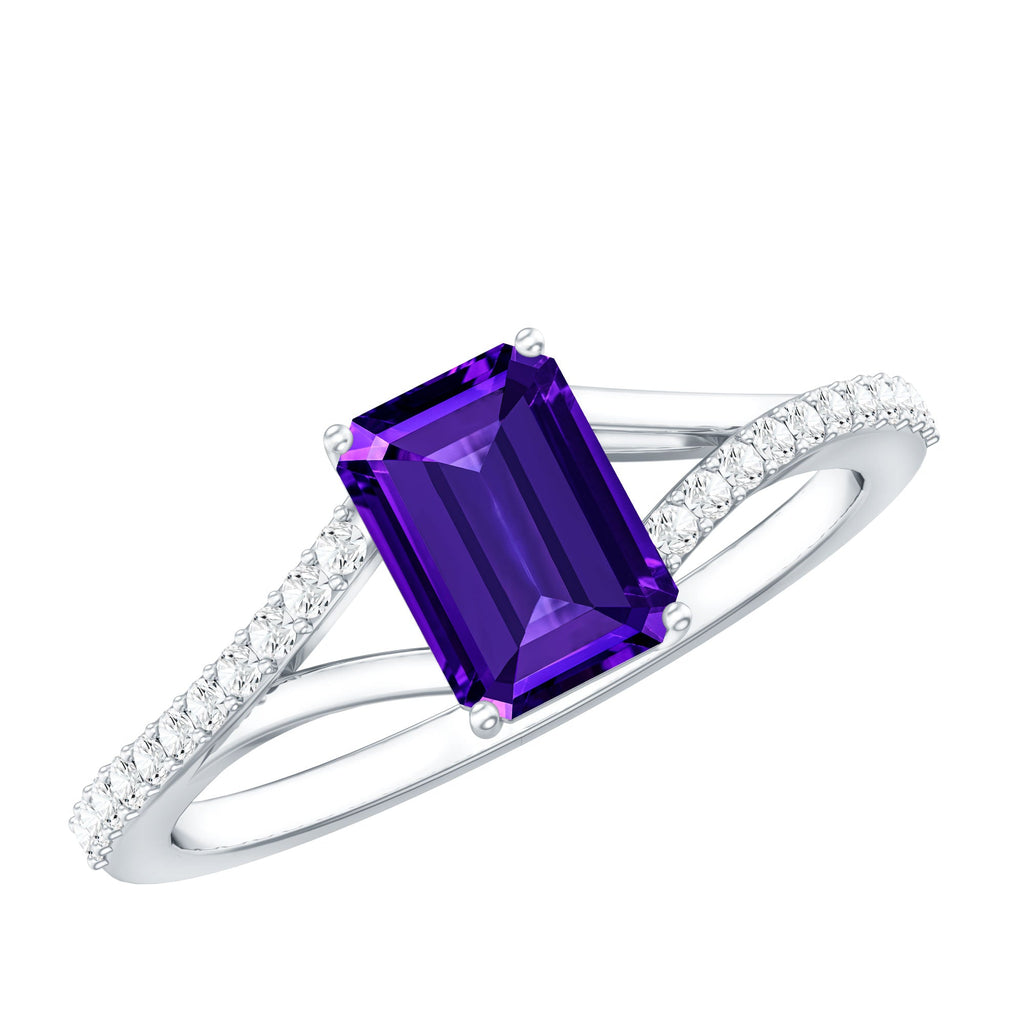 1.4 Carat Amethyst Emerald Cut Engagement Ring with Diamond Split Shank