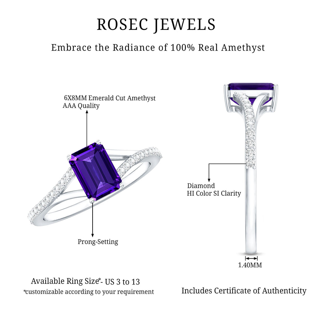 1.4 Carat Amethyst Emerald Cut Engagement Ring with Diamond Split Shank